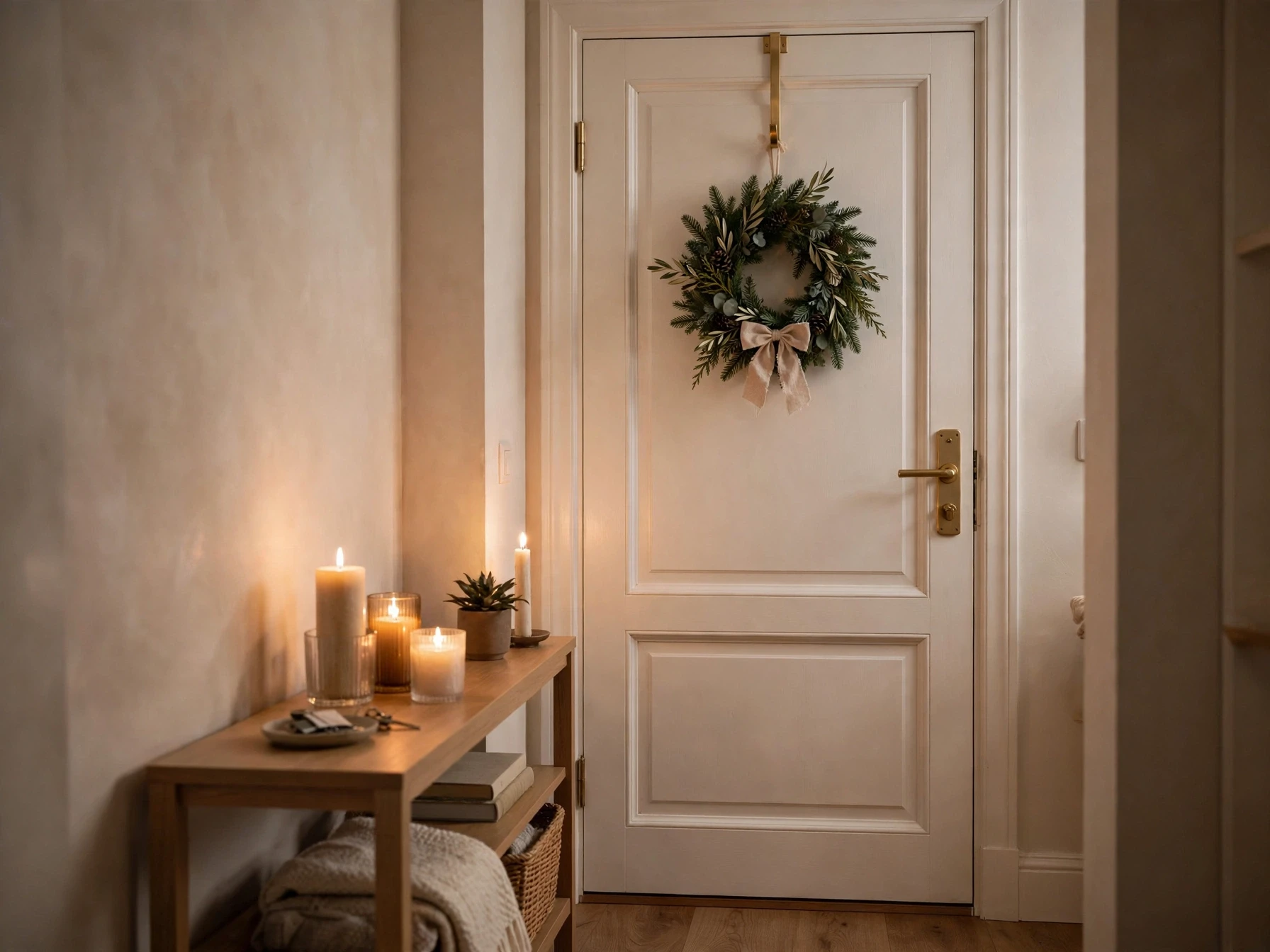 christmas wreath hanging on an apartment door with a removable over-door hook