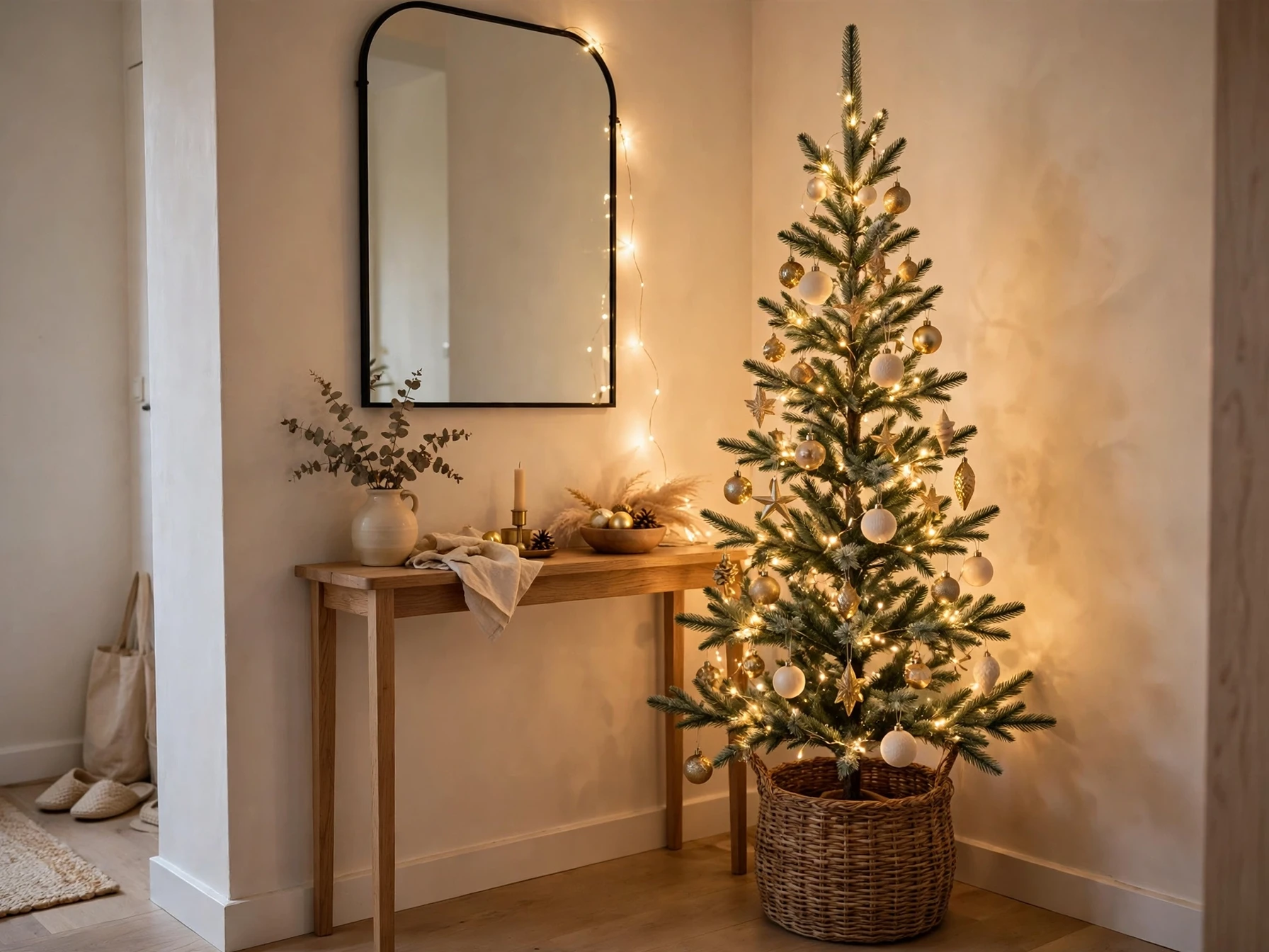 slim pencil christmas tree in a basket in a small apartment entryway corner