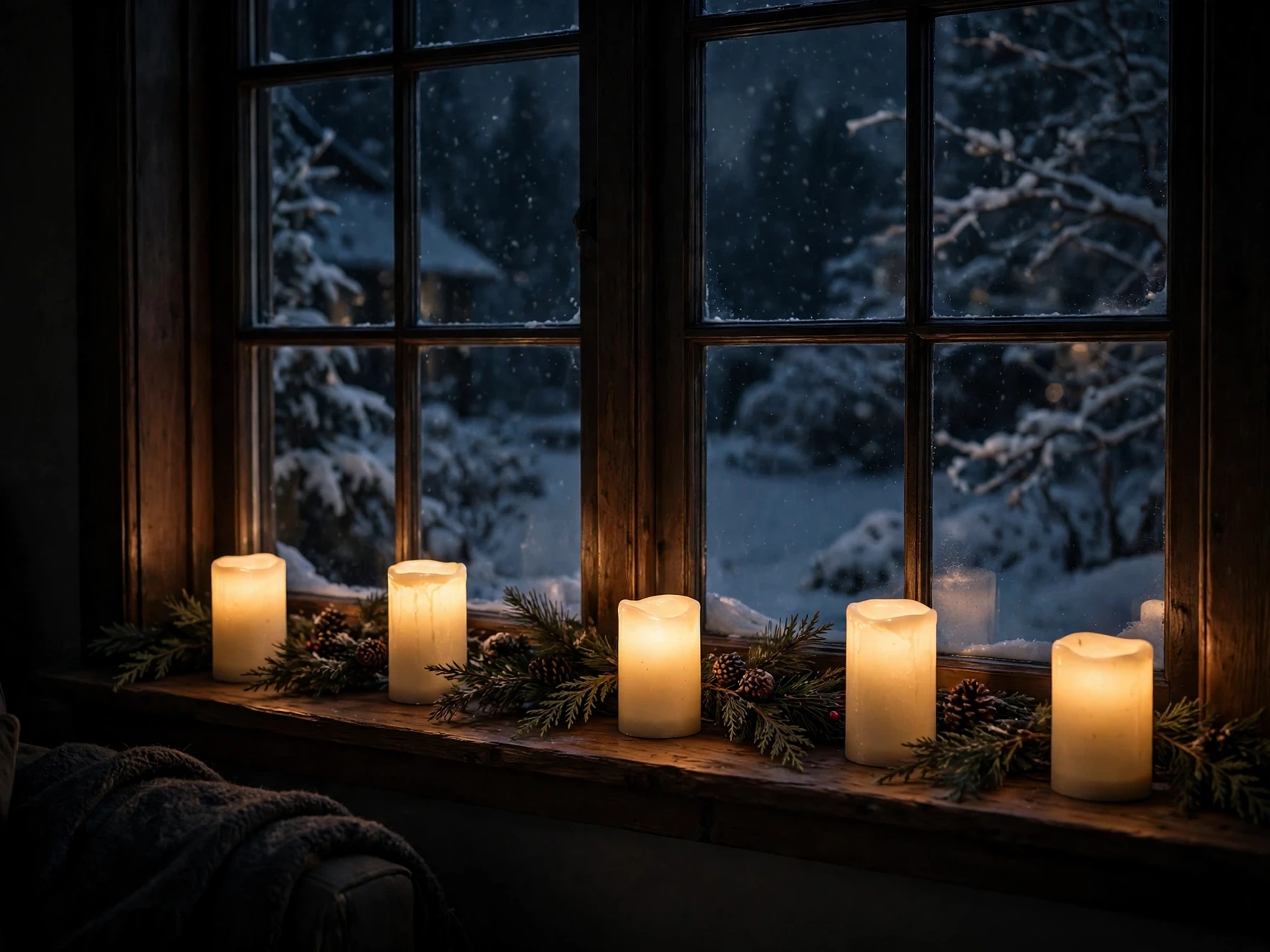 battery candles glowing on a windowsill with evergreen garland at night