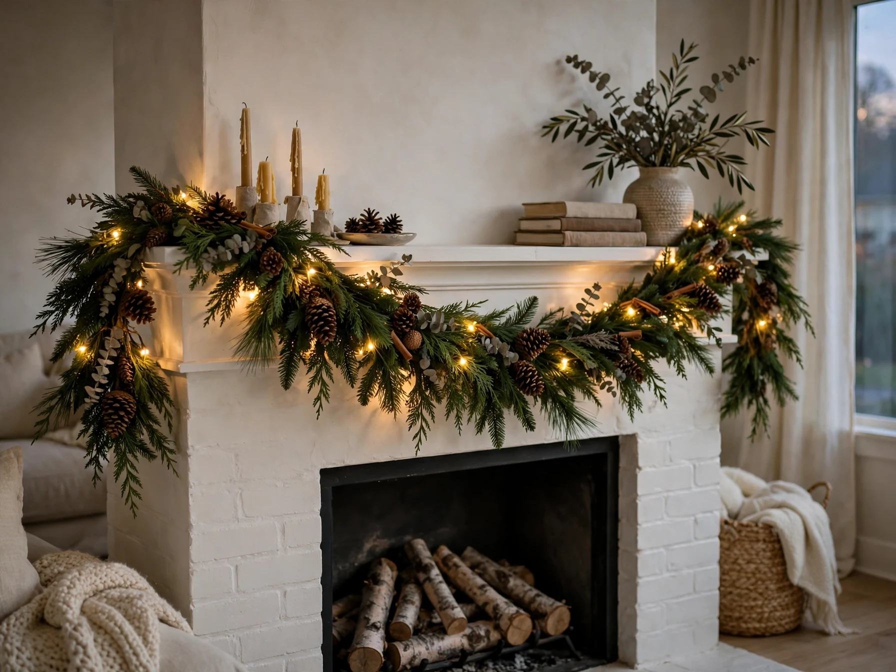 fresh evergreen christmas garland with pinecones and fairy lights on a mantel