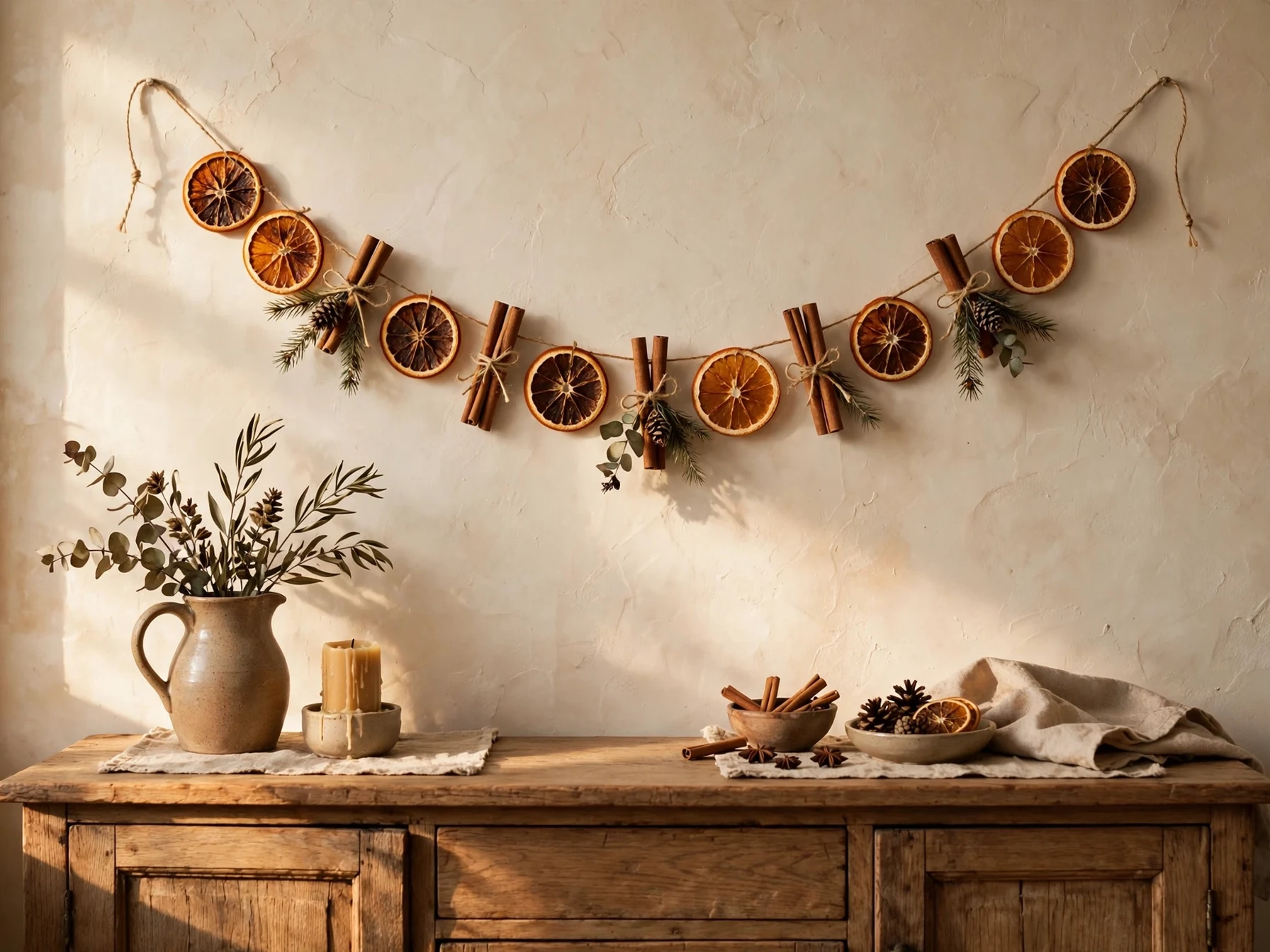 diy dried orange and cinnamon christmas garland hanging on a wall