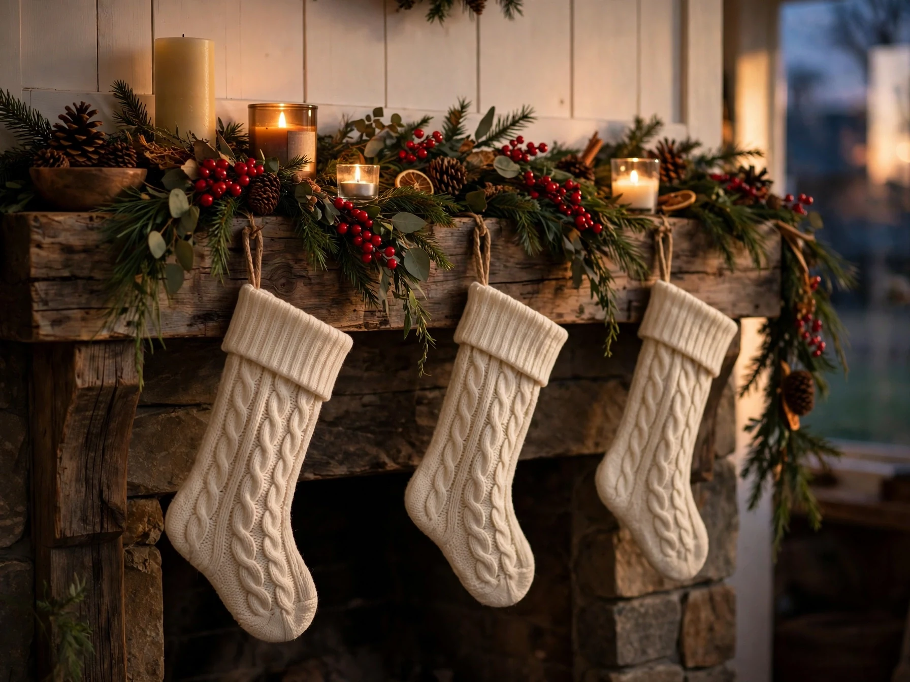 pinecone and red berry christmas garland draped on a fireplace mantel