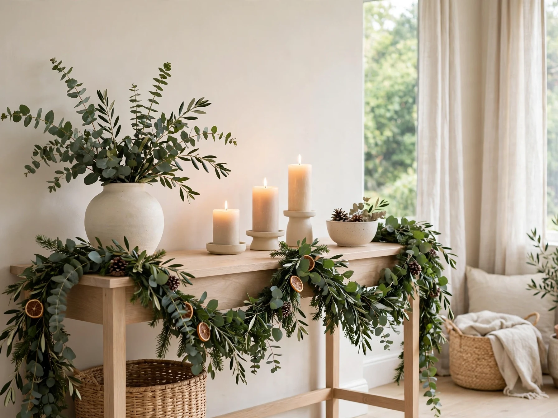fresh eucalyptus christmas garland on a wooden console table