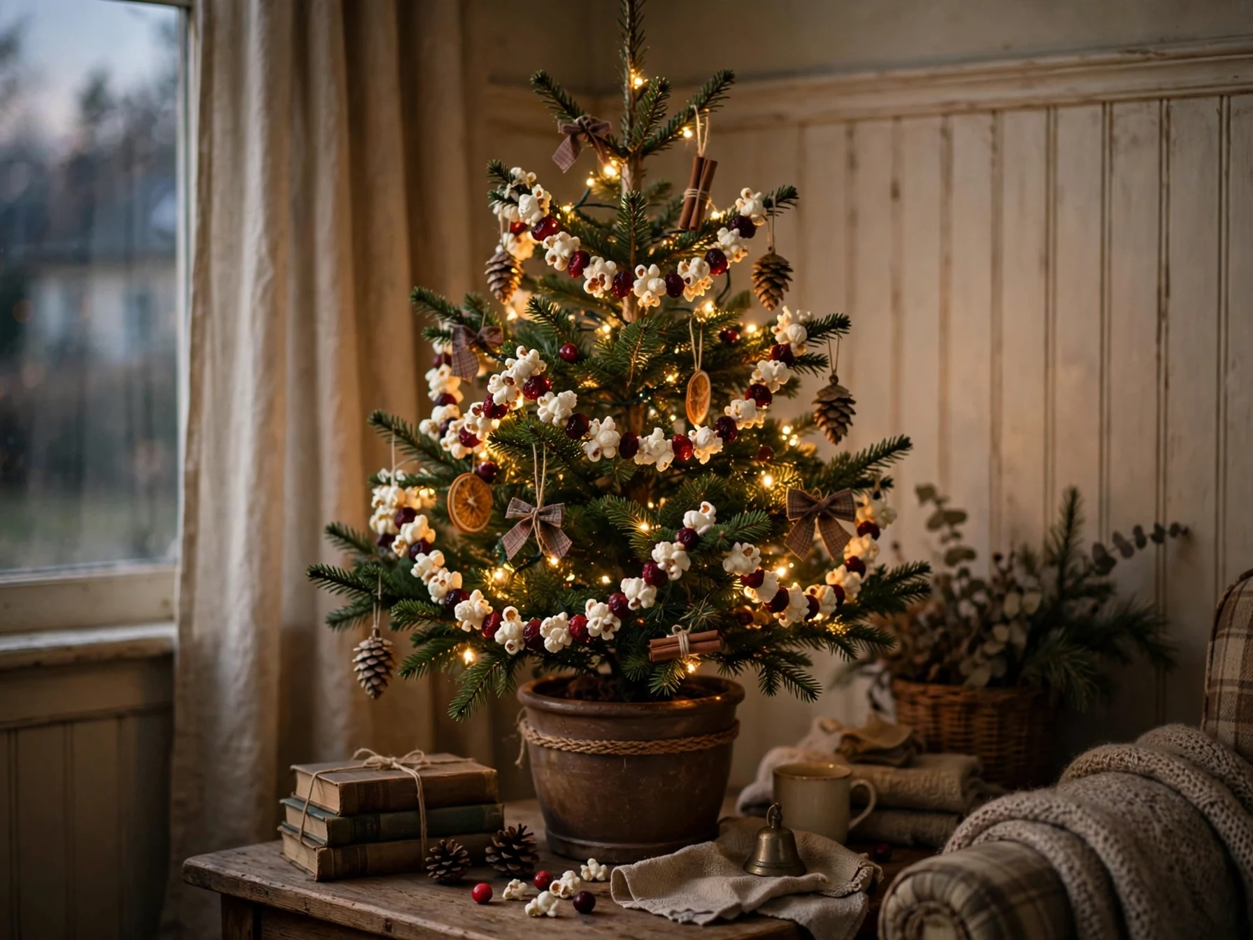 popcorn and cranberry garland on a christmas tree with warm lights