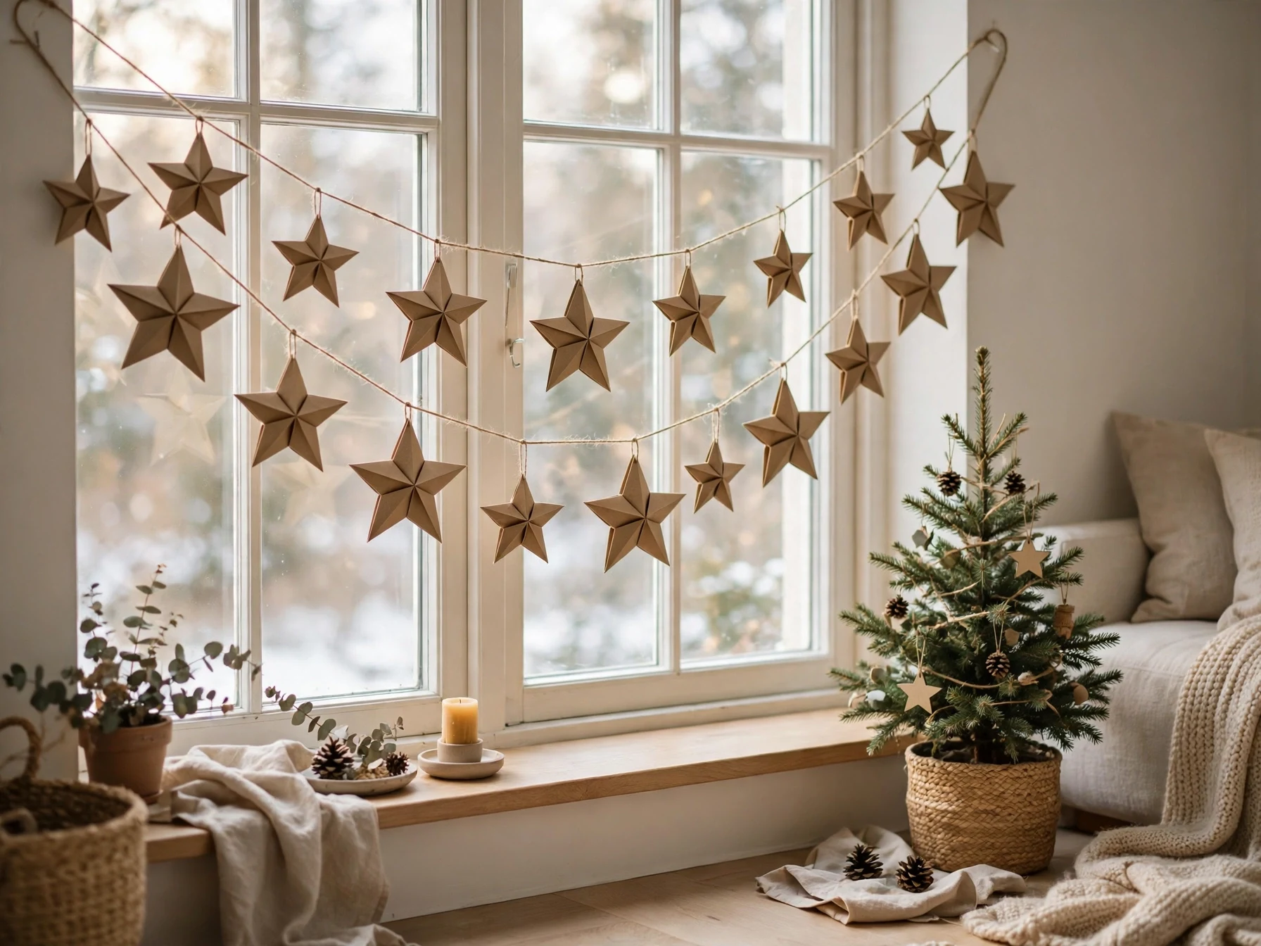 handmade paper star garland hanging in a cozy living room window