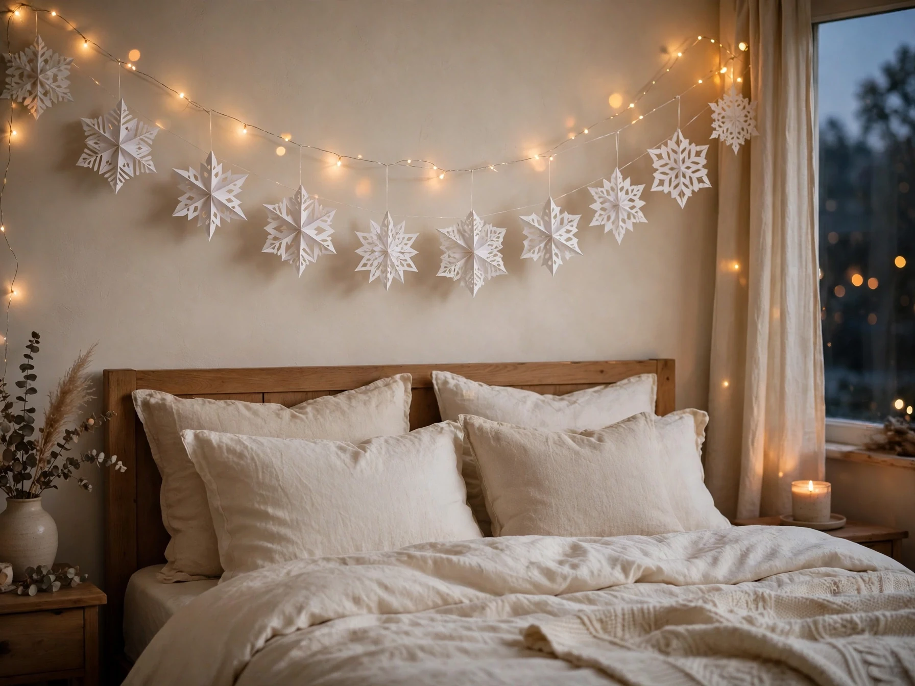 white paper snowflake garland hanging across a bedroom wall