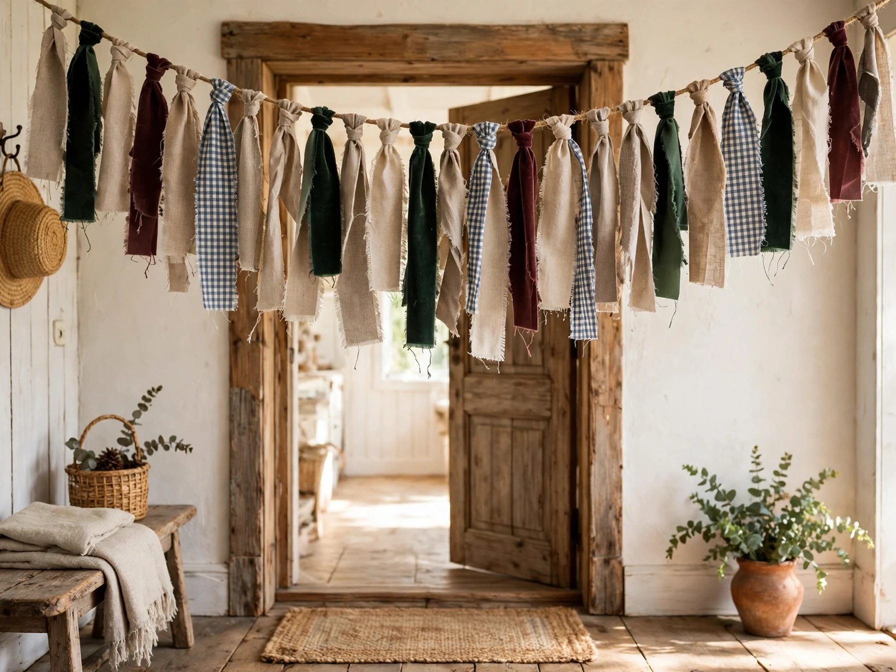 fabric scrap and ribbon garland tied on twine above a doorway