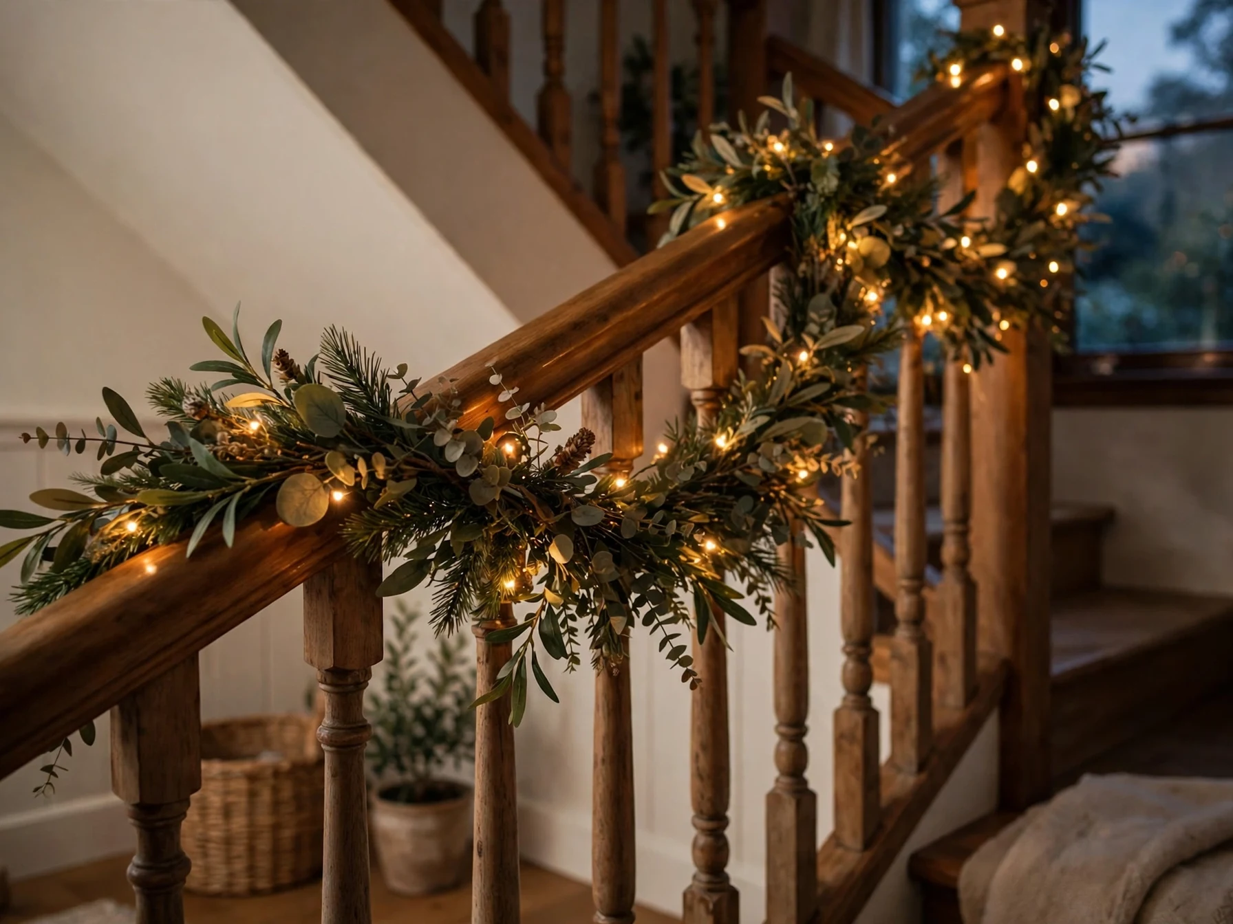 faux greenery garland woven with warm fairy lights on a staircase banister
