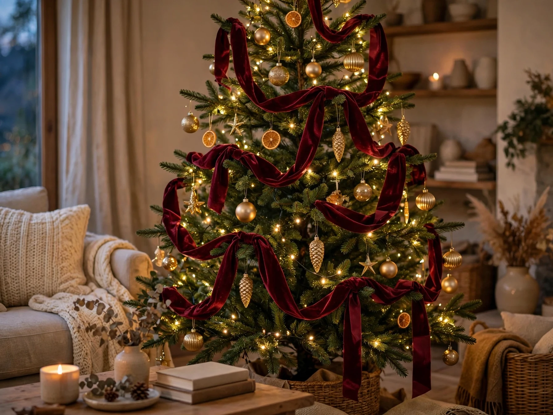 burgundy velvet ribbon garland draped on a christmas tree