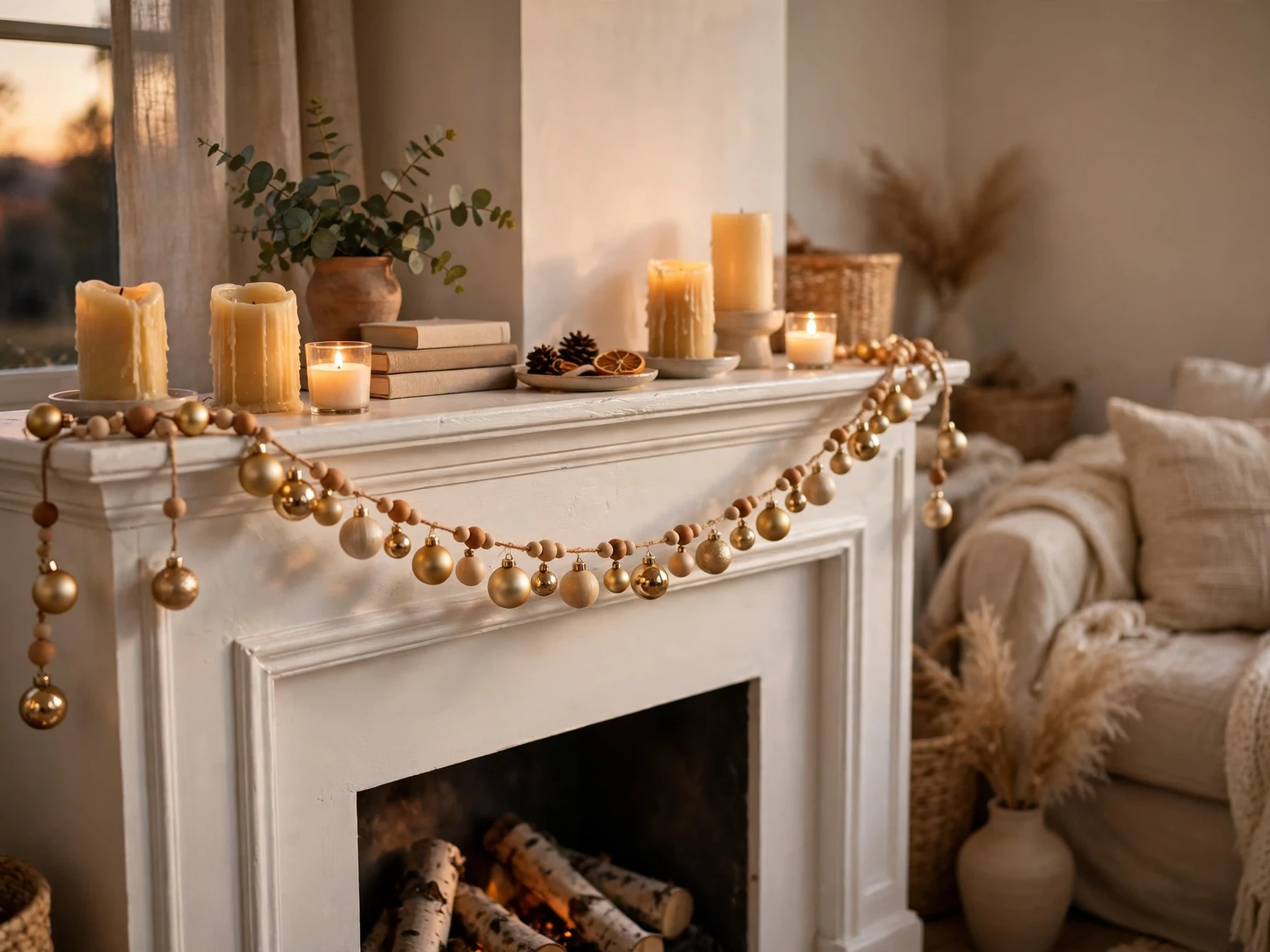 mini ornament christmas garland with gold and cream baubles on a mantel