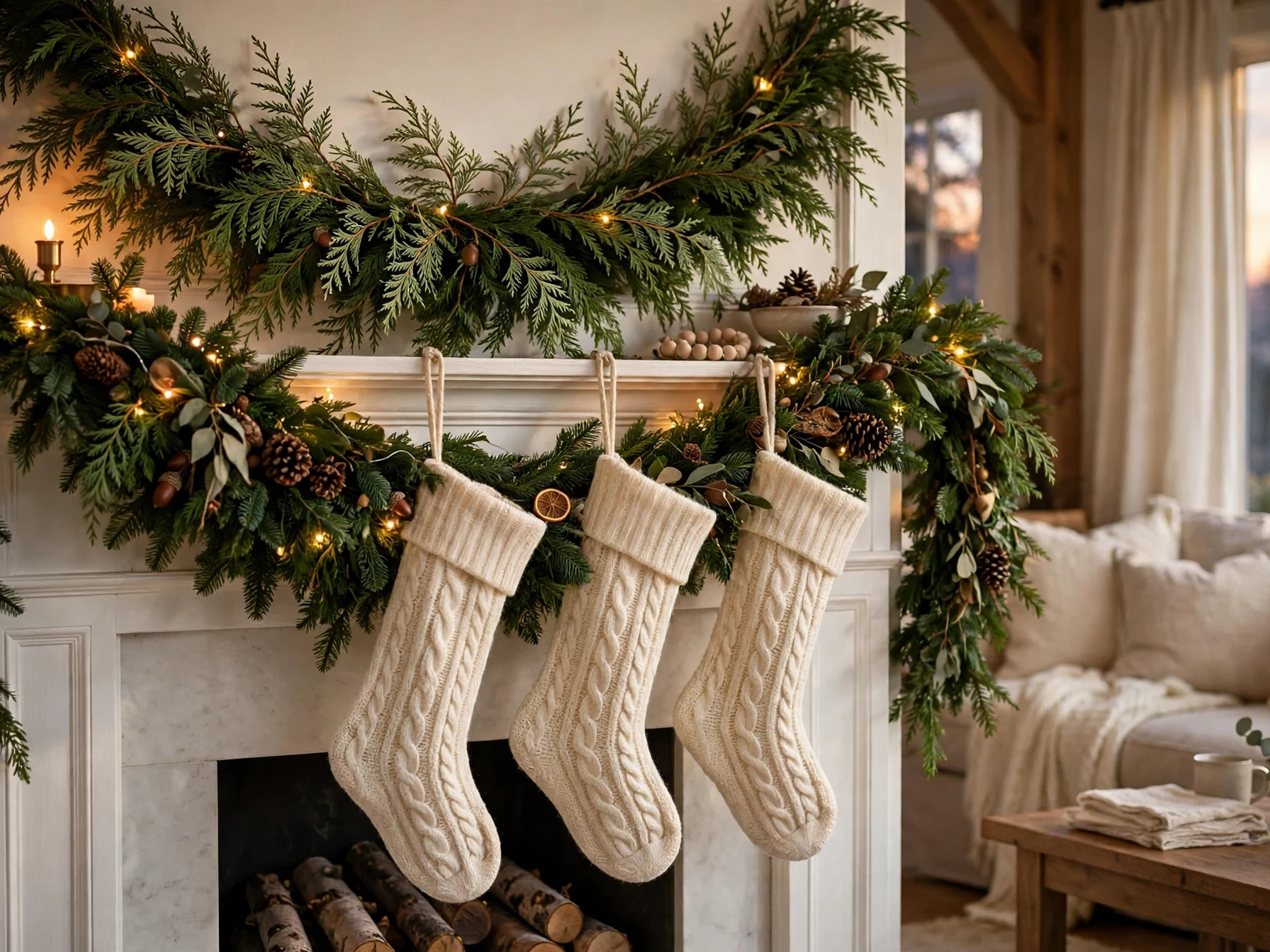 layered double christmas garland on a fireplace mantel with stockings