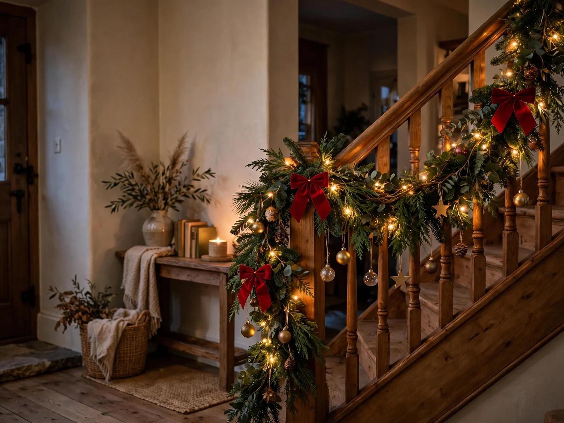 evergreen garland wrapped around a staircase banister with bows and lights