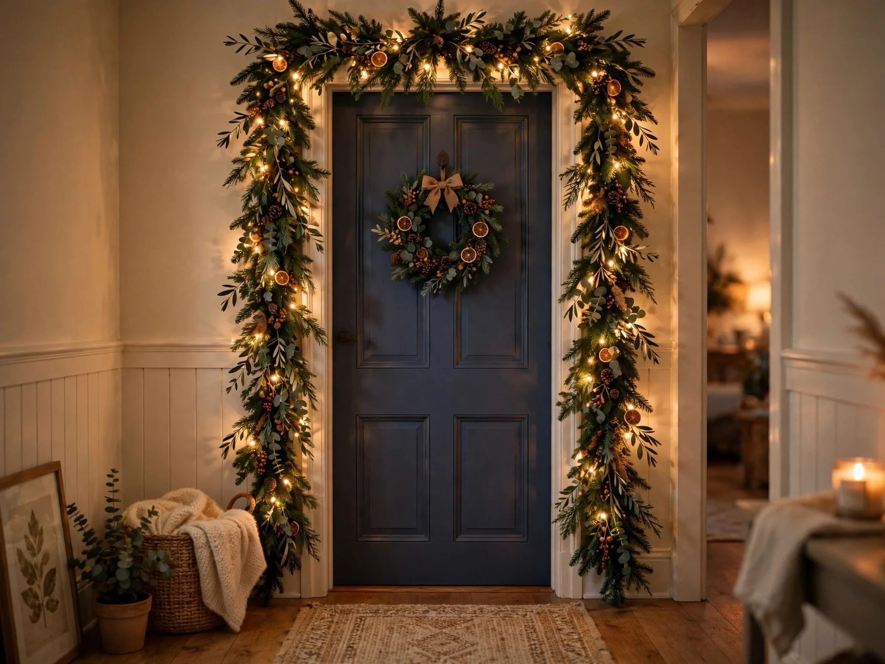 evergreen garland framing a doorway with a wreath and fairy lights