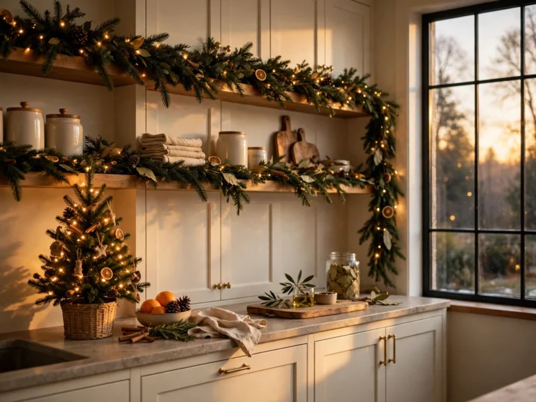 festive christmas kitchen decor with garland fairy lights and a mini tree on the counter