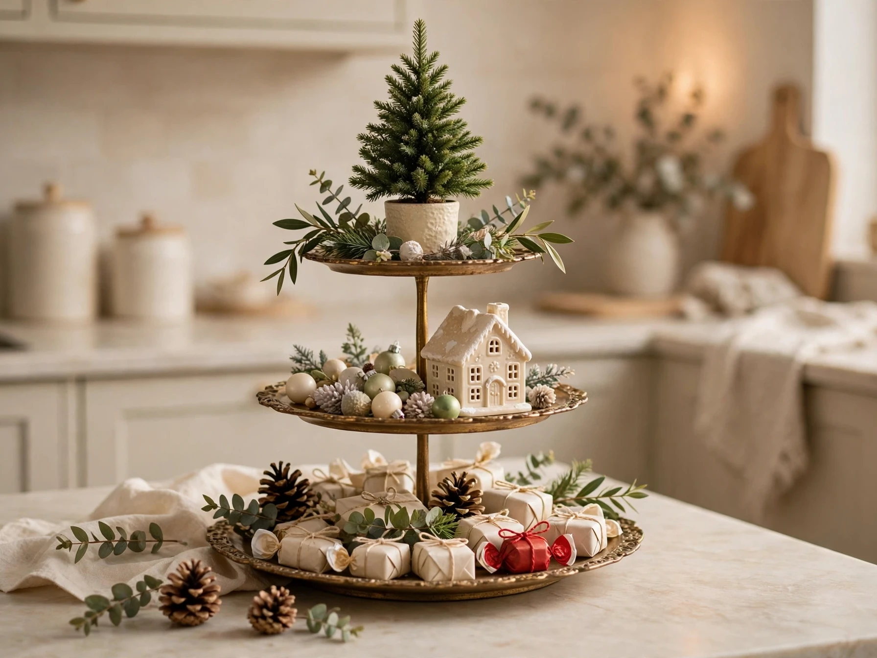 christmas tiered tray with mini tree ornaments and candy on a kitchen counter