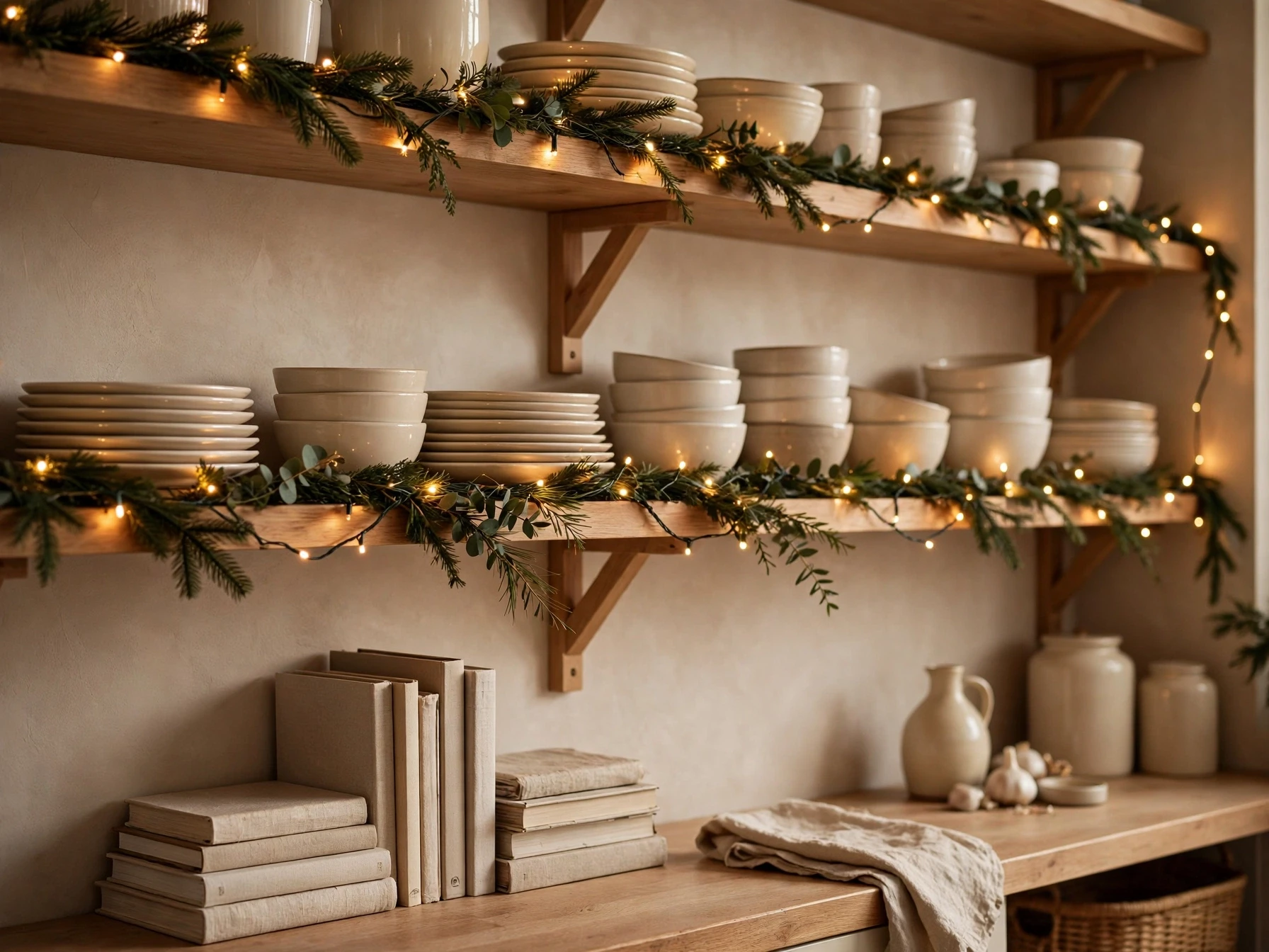 evergreen garland draped along open kitchen shelves with plates and cookbooks