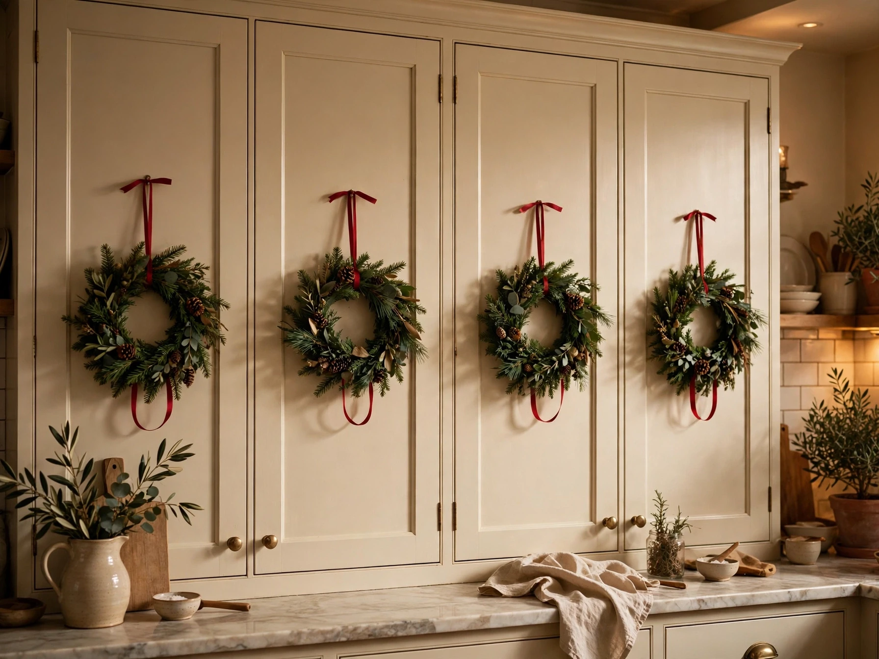 small evergreen wreaths hanging on kitchen cabinet doors with red ribbon