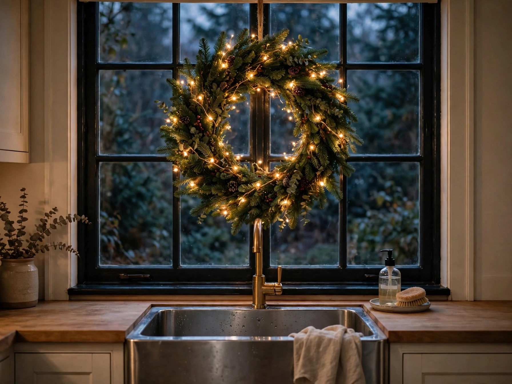 christmas wreath with fairy lights hanging on a kitchen window above the sink