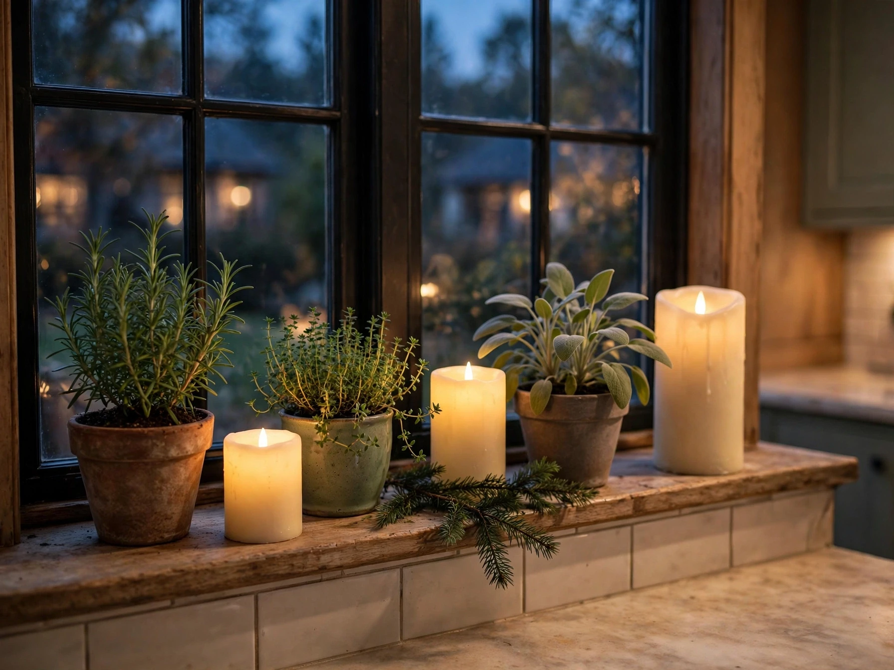 potted herbs and LED candles lined along a christmas kitchen windowsill