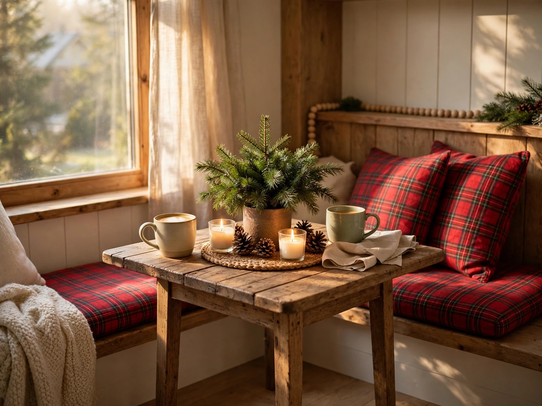 cozy christmas breakfast nook with mini centerpiece coffee mugs and plaid cushions