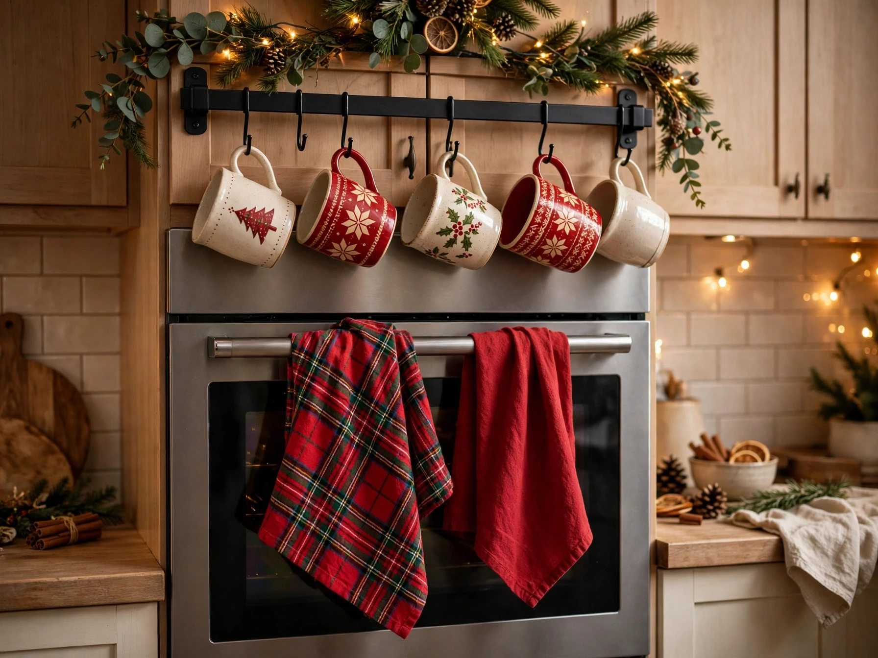 festive dish towels on an oven handle and christmas mugs hanging on a wall rail