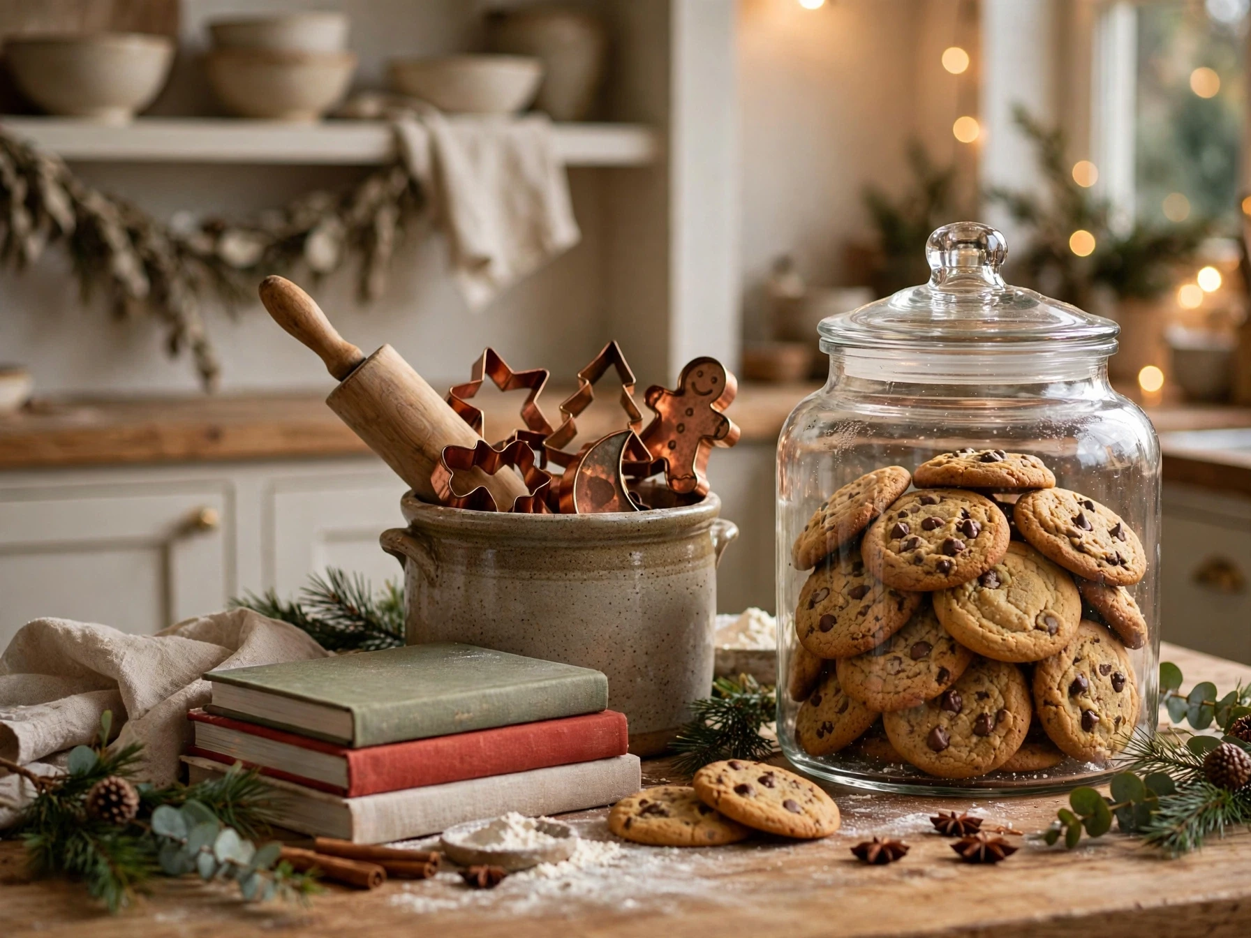 christmas cookie jar baking station with rolling pin and cookie cutters on a counter