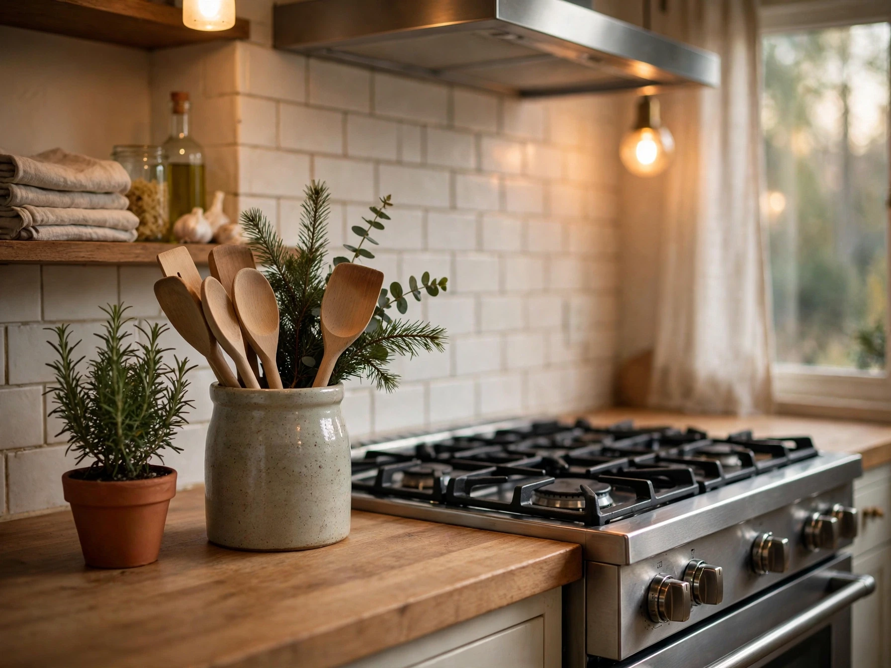 kitchen utensil crock with evergreen sprigs and rosemary beside the stove kept back from burners