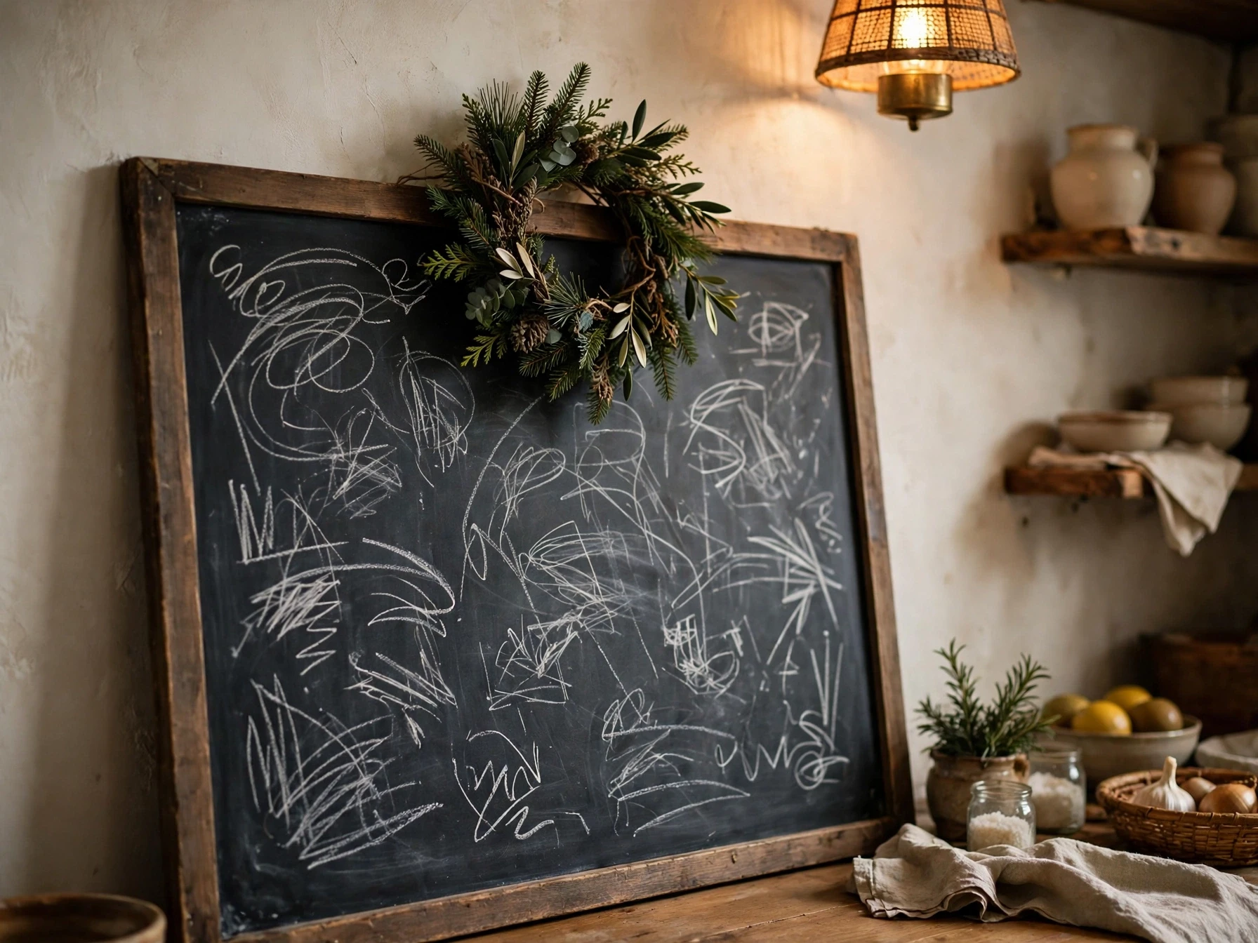 chalkboard menu board with handwritten christmas dinner menu and a small wreath on top