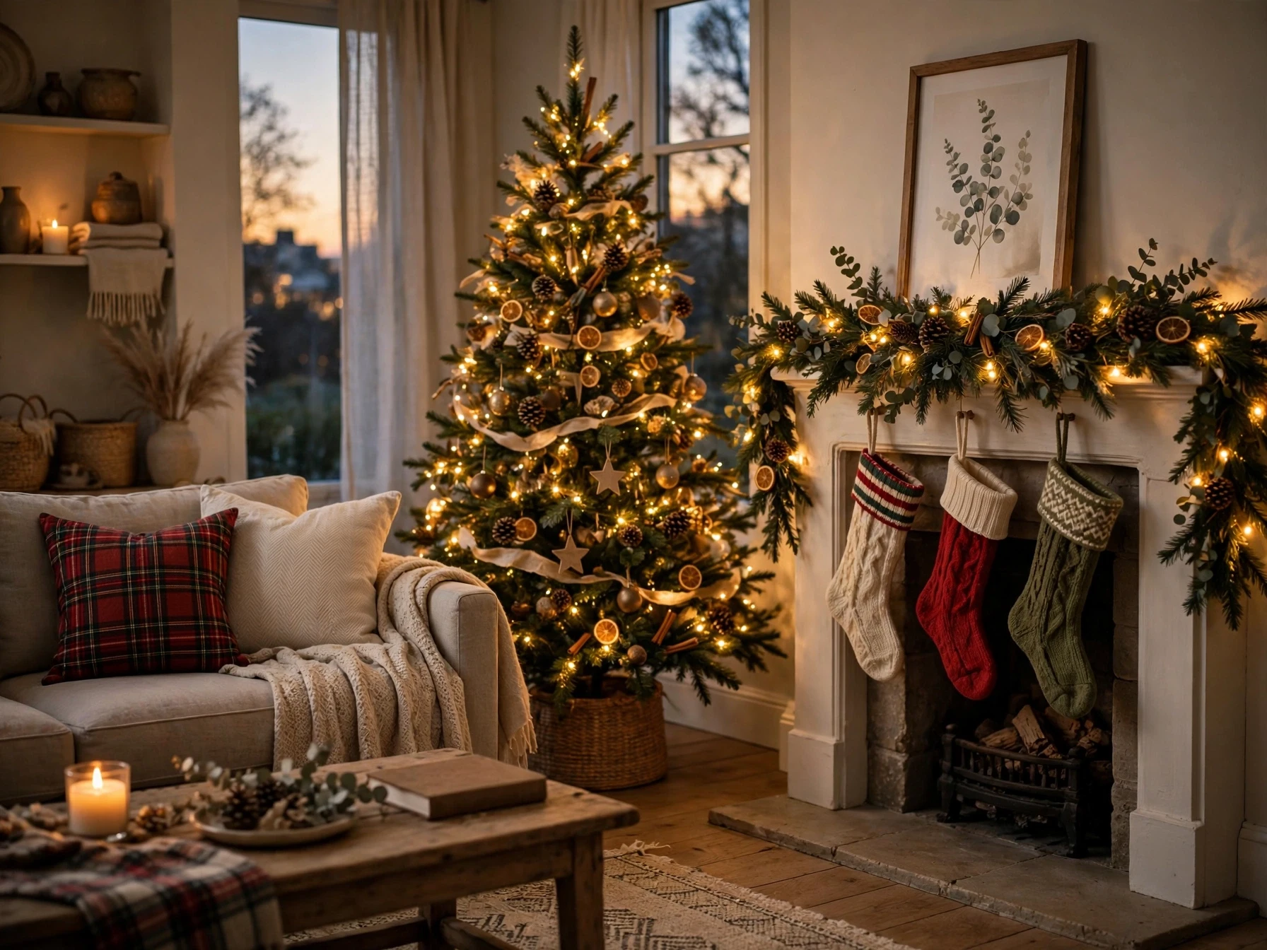 cozy christmas lighting ideas in a living room at dusk with warm fairy lights on the tree and mantel