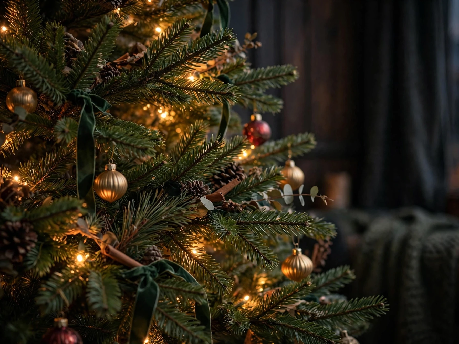 warm fairy lights tucked deep inside a christmas tree glowing from within at dusk