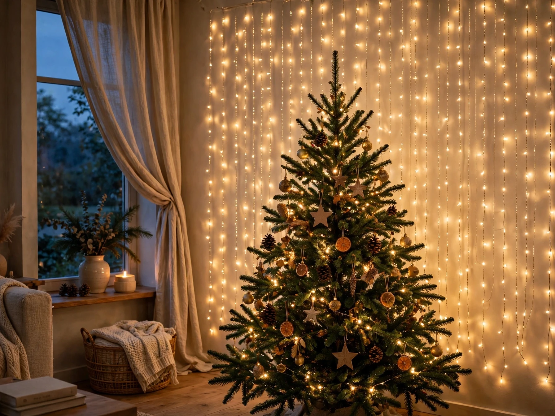 cascading curtain fairy lights glowing on the wall behind a christmas tree