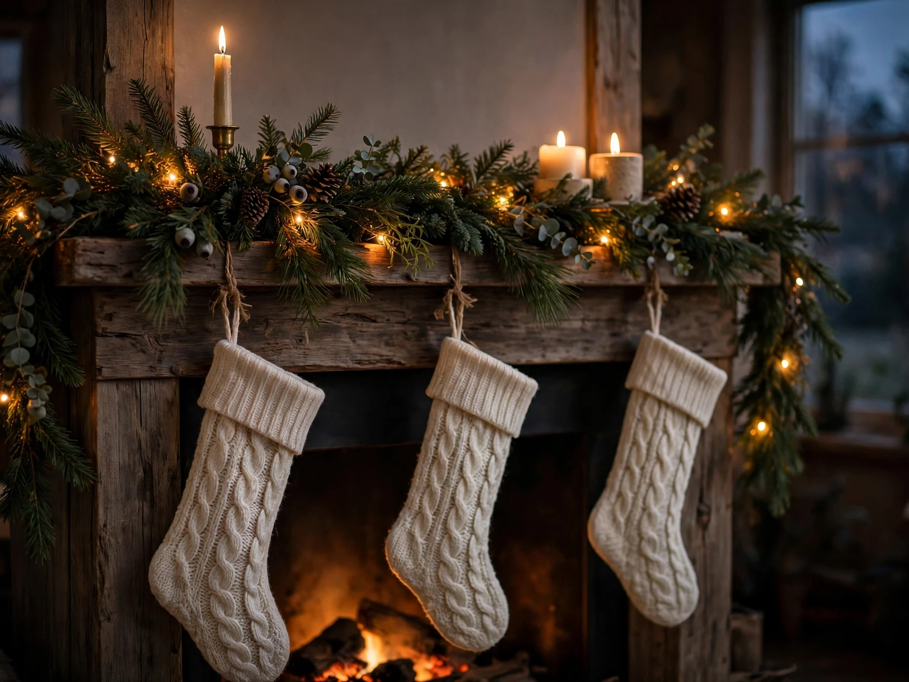 warm fairy lights woven through an evergreen garland on a fireplace mantel with stockings