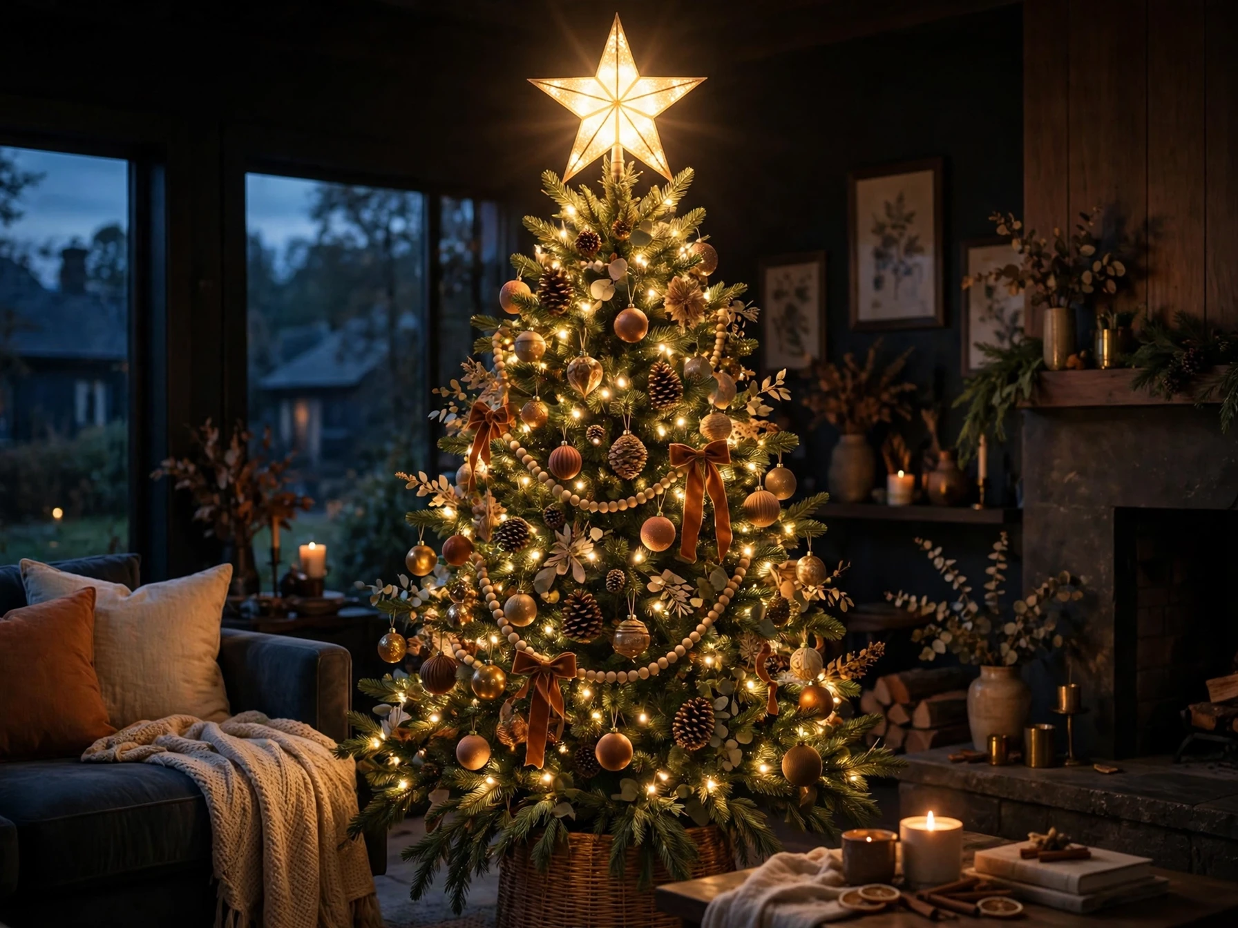 glowing star tree topper shining above a decorated christmas tree at dusk