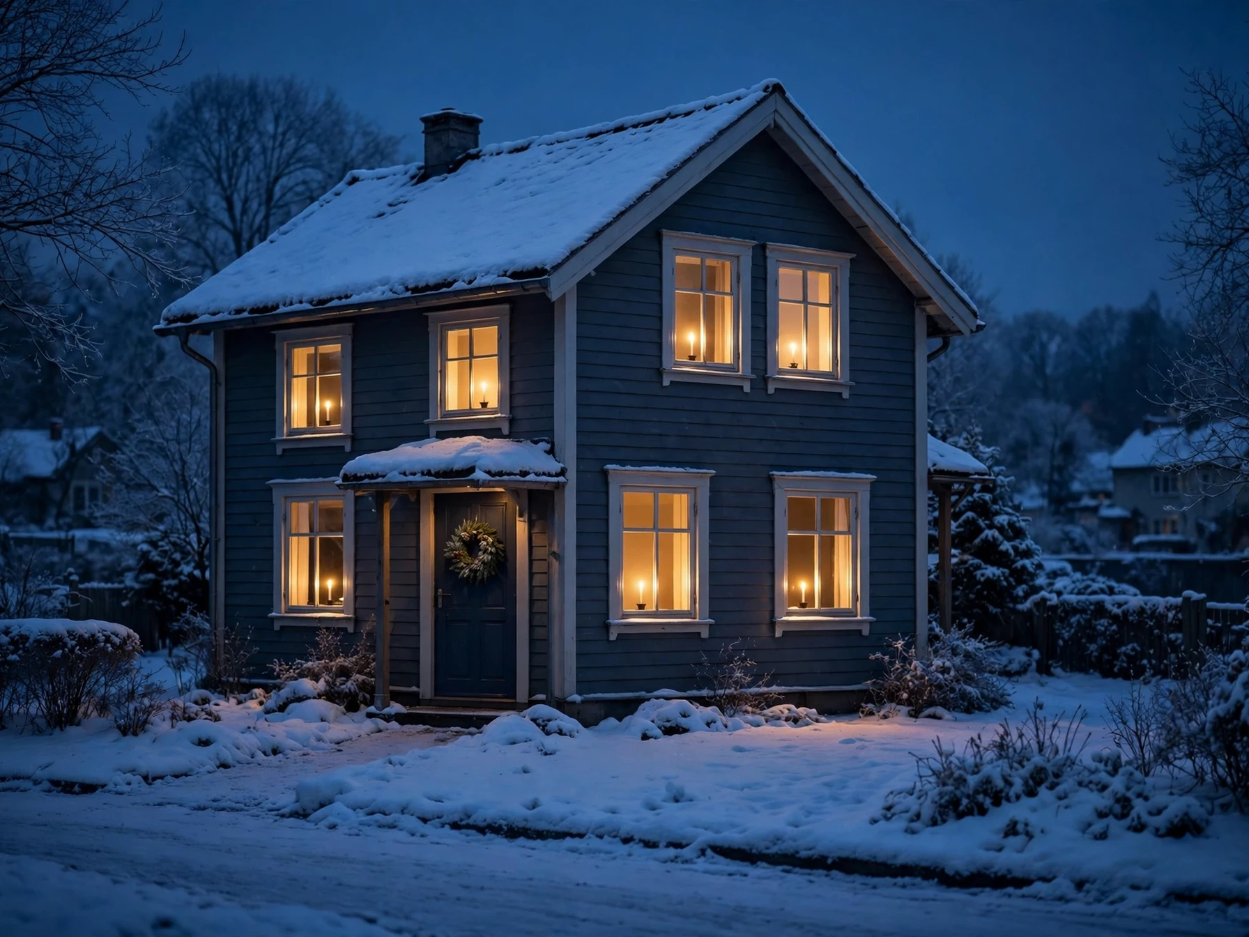 single LED candles glowing in every window of a house seen from the street at dusk