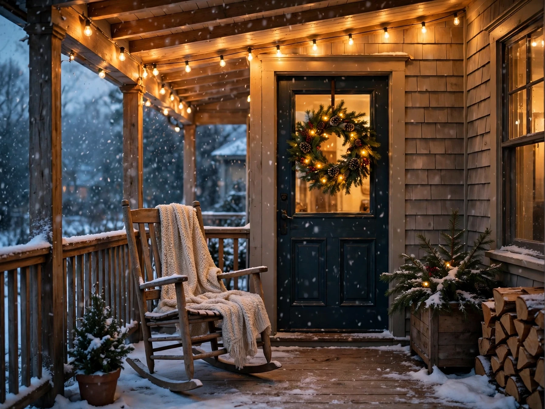 warm string lights glowing under a front porch roof with a lit wreath on the door at dusk