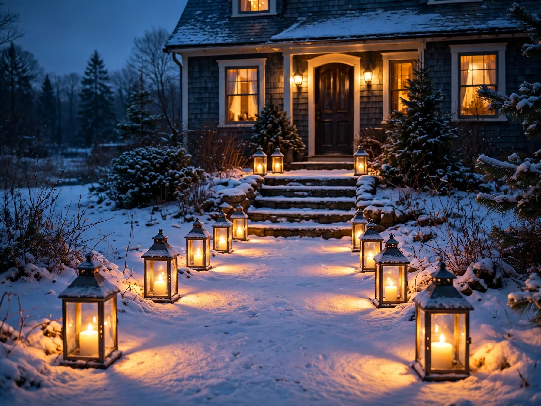 glowing lanterns lining a front path and steps on a snowy evening