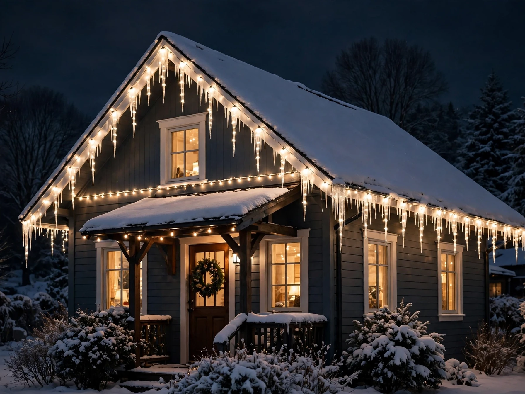 icicle christmas lights glowing along the roofline of a house at night