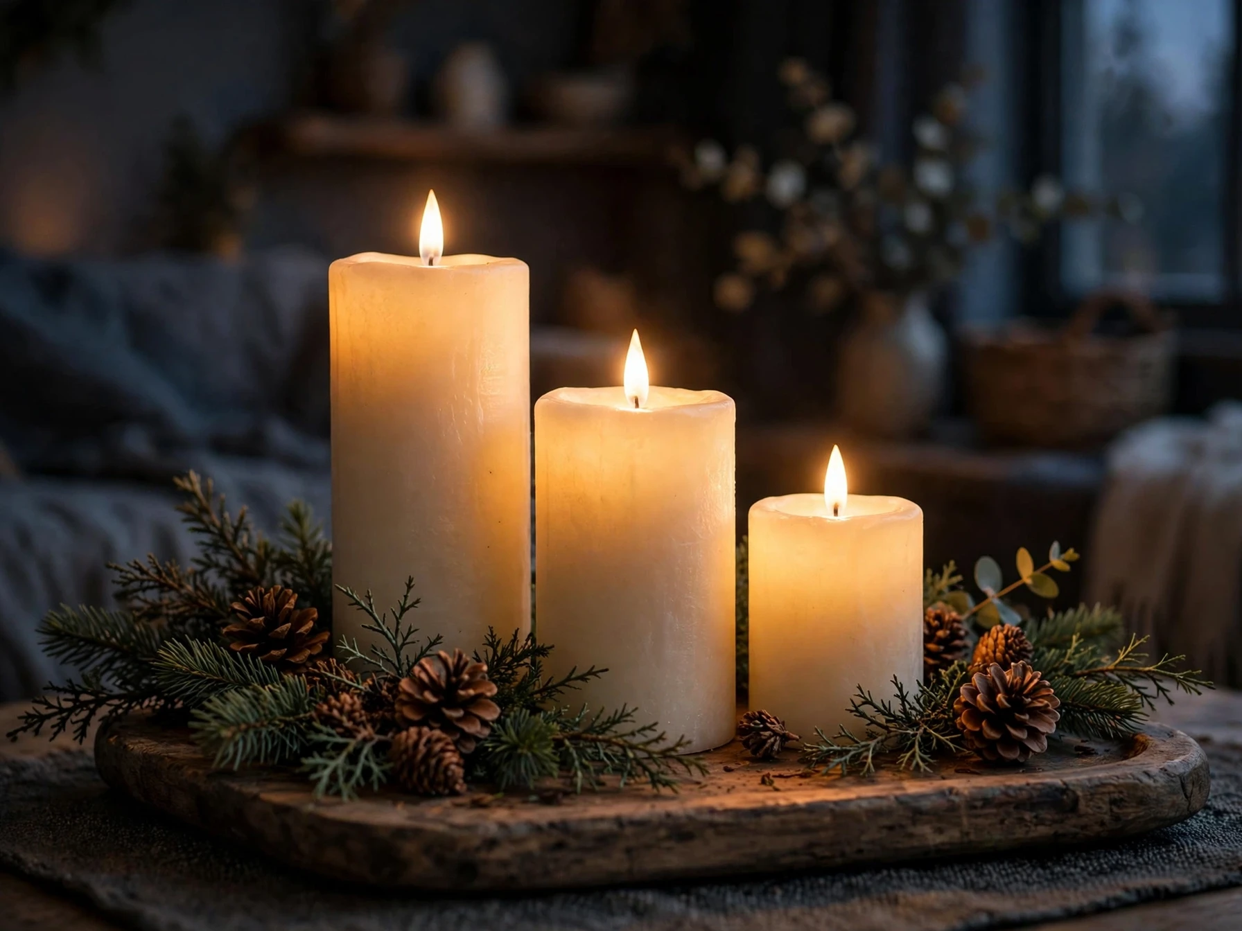 cluster of LED pillar candles at different heights glowing on a wooden tray with evergreen sprigs