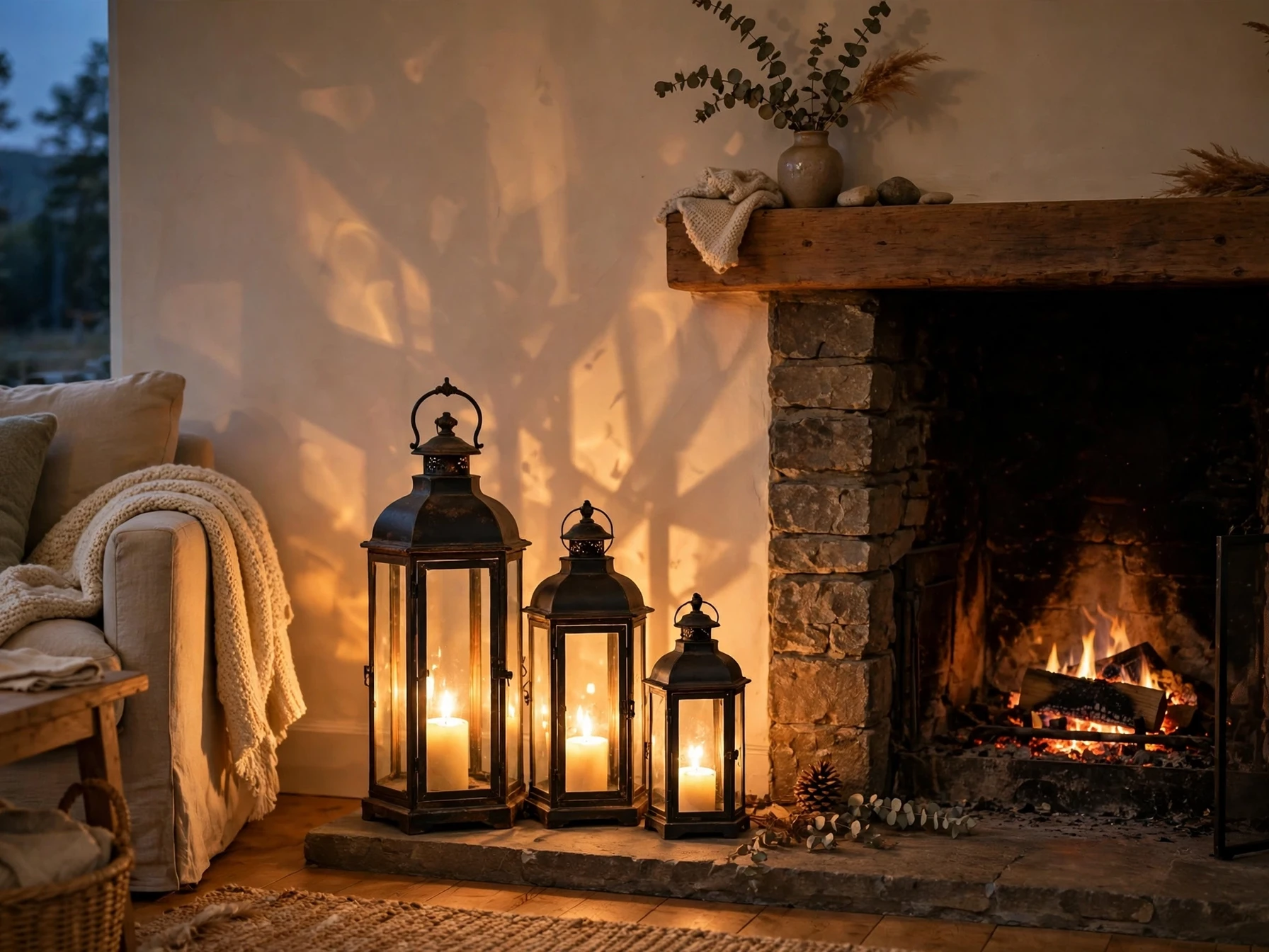 cluster of three glowing lanterns of different heights beside a fireplace at dusk