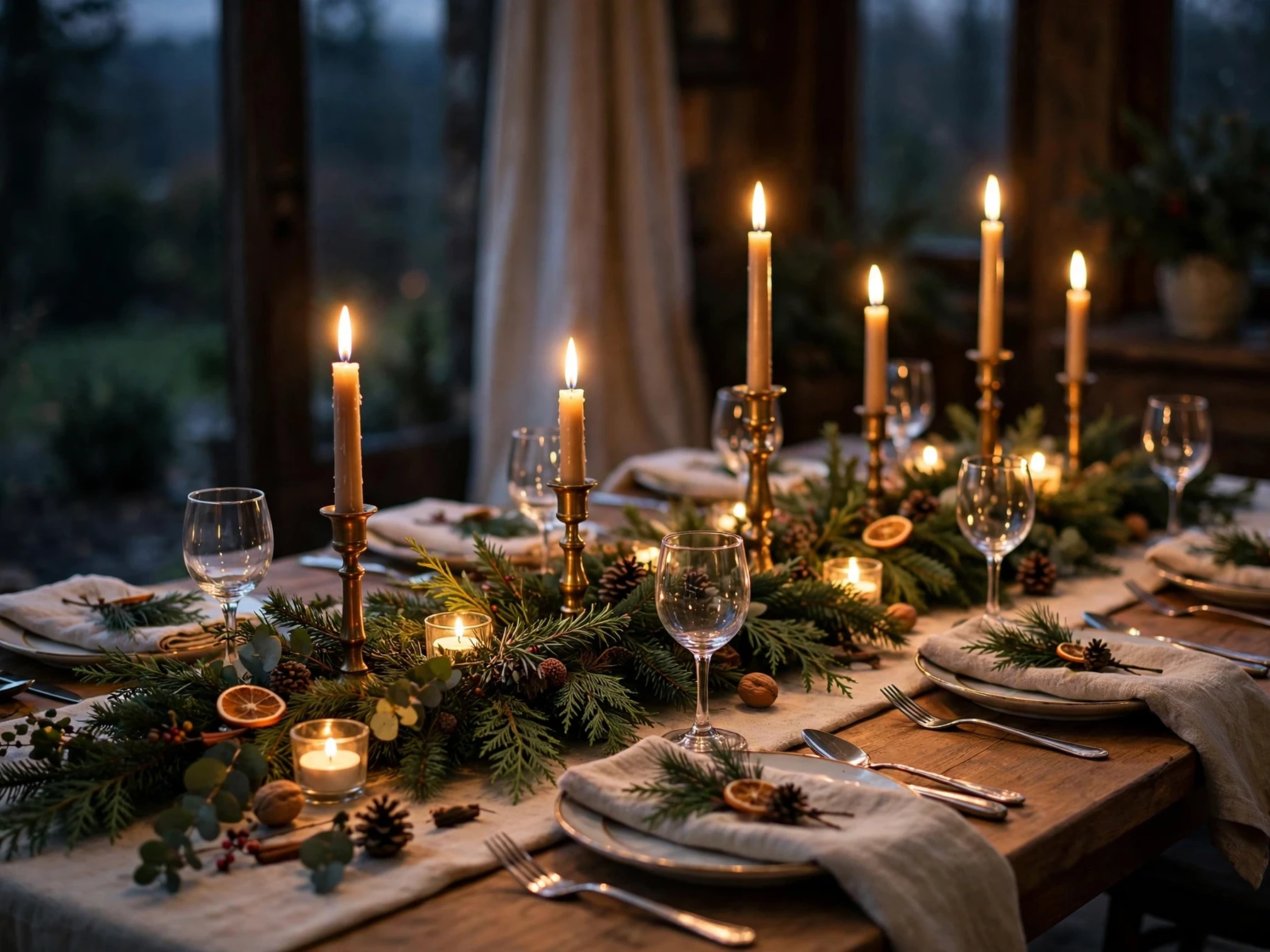candles glowing down the center of a christmas dining table with a low evergreen garland