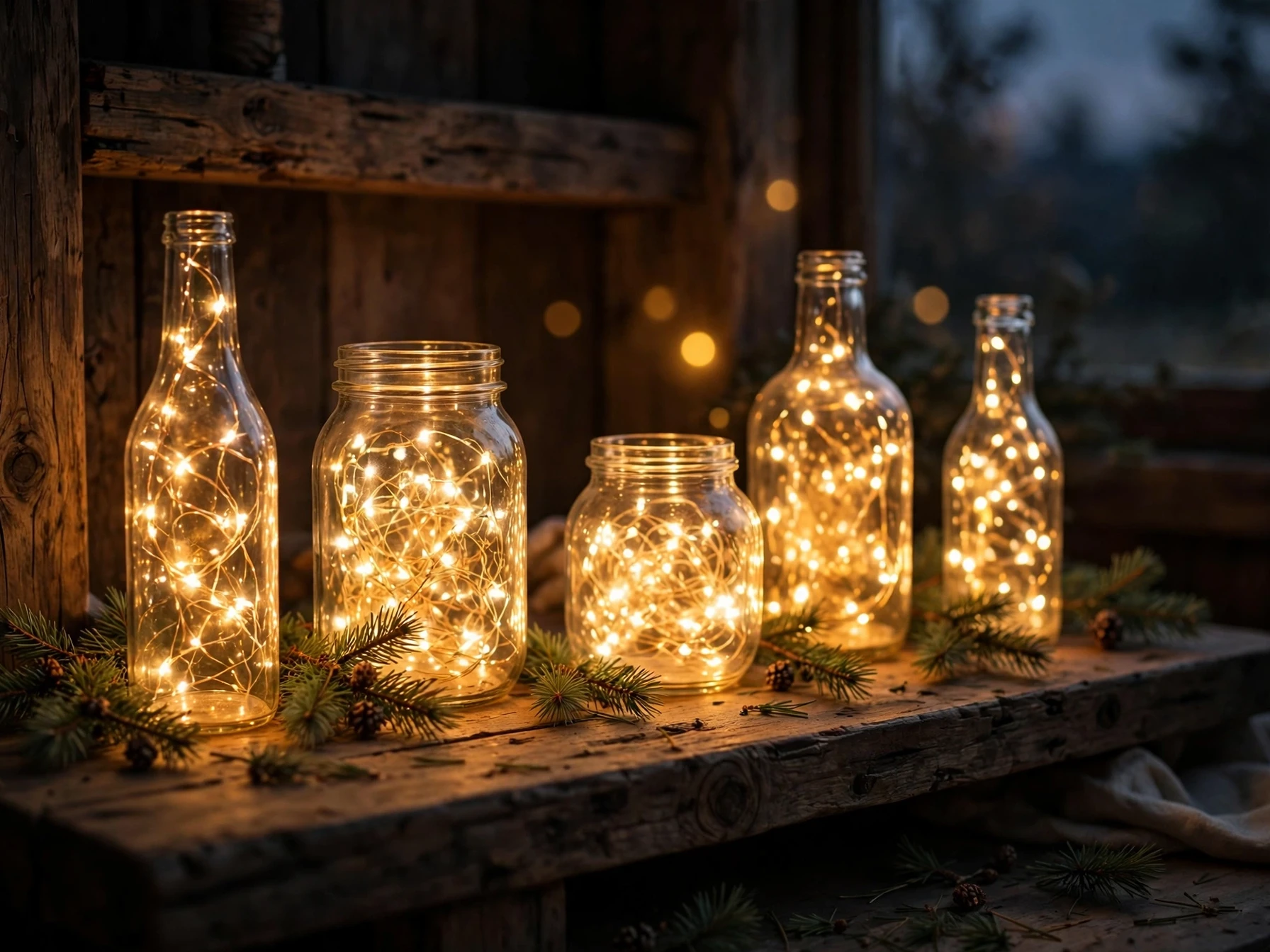 fairy lights glowing inside glass jars and bottles on a wooden shelf at dusk