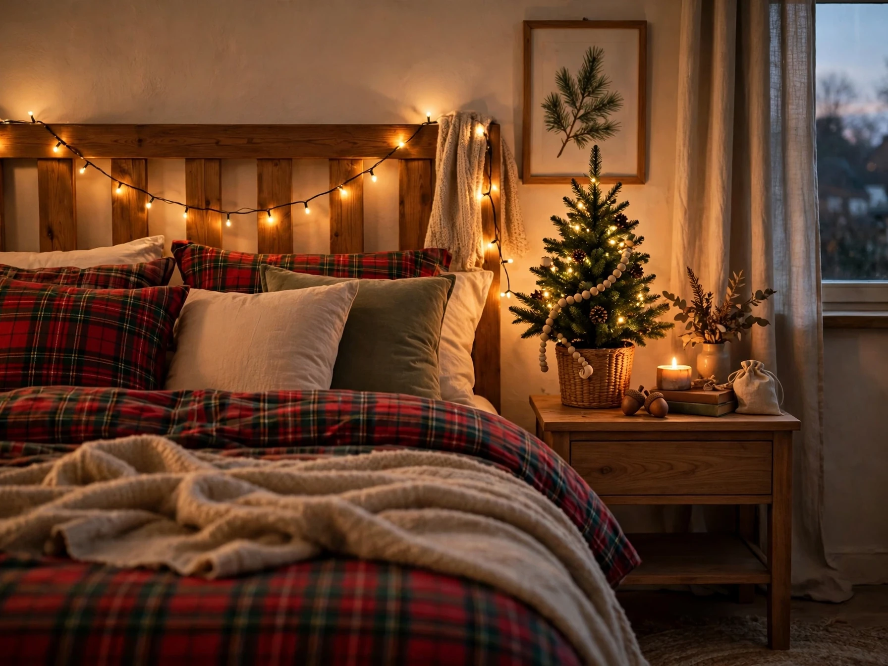 warm fairy lights draped along a wooden headboard glowing in a cozy christmas bedroom