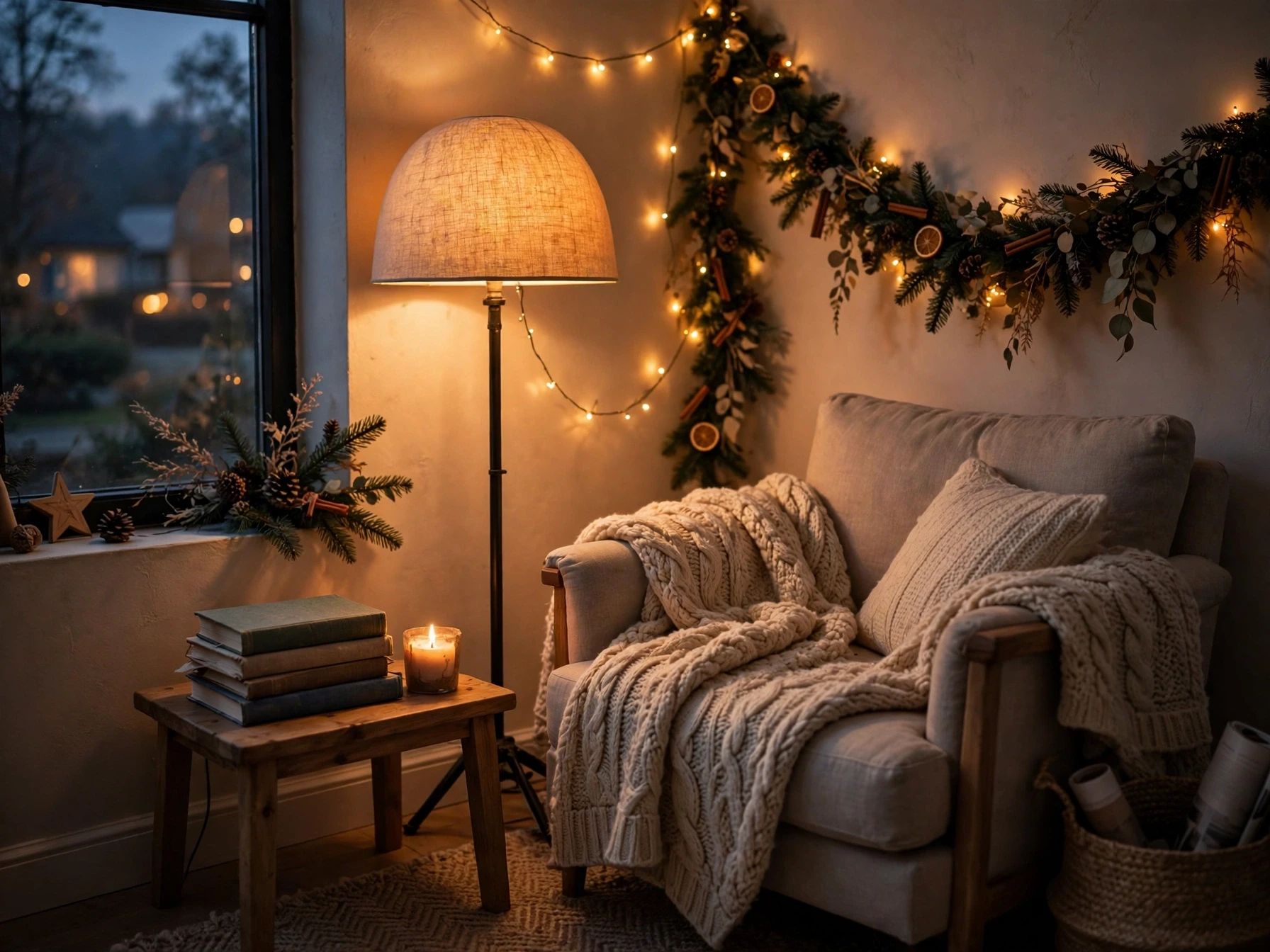 warm lamp glowing in a cozy christmas reading nook with a throw books and a candle