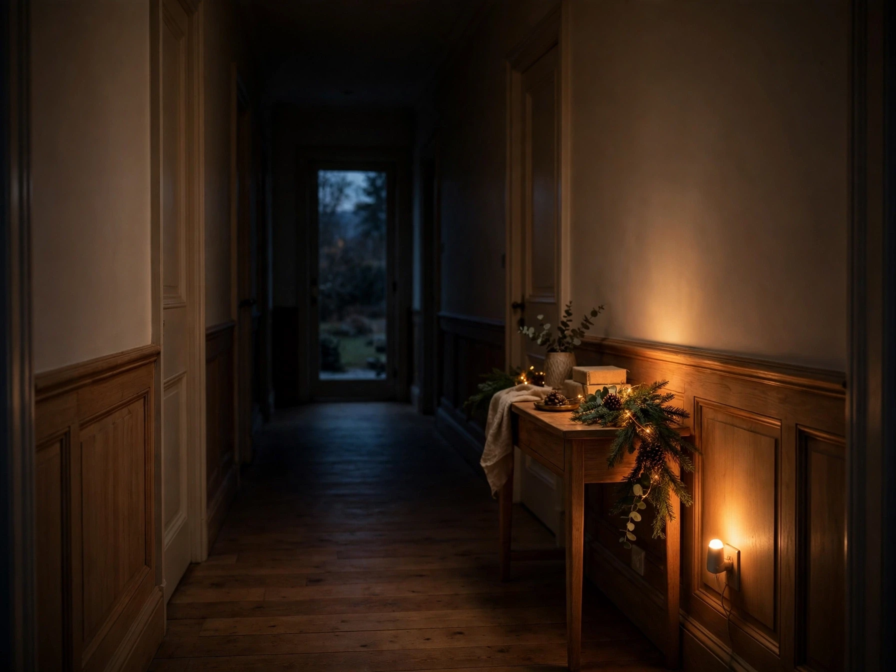 soft warm night light glowing in a hallway with a small christmas garland at dusk