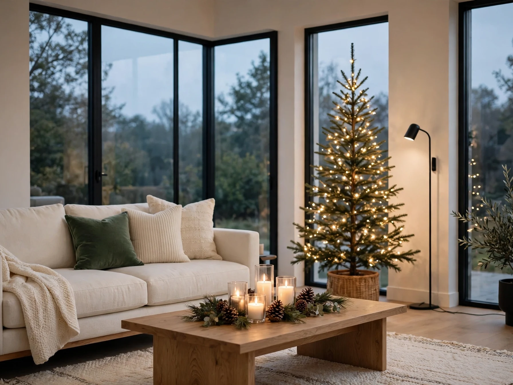modern christmas living room with cream sofa slim tree and warm lights