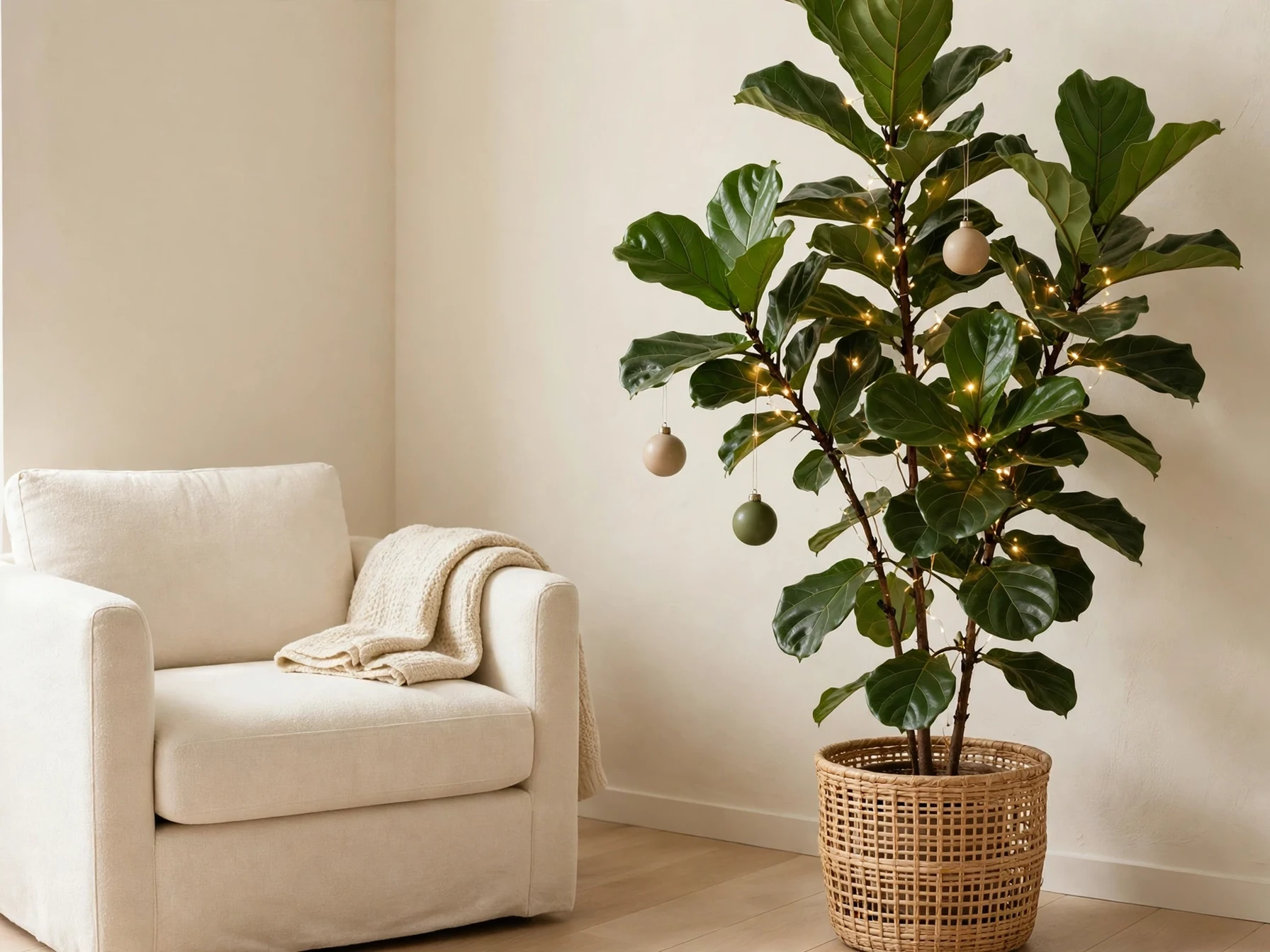 fiddle leaf fig plant decorated with fairy lights and minimal ornaments in a modern living room