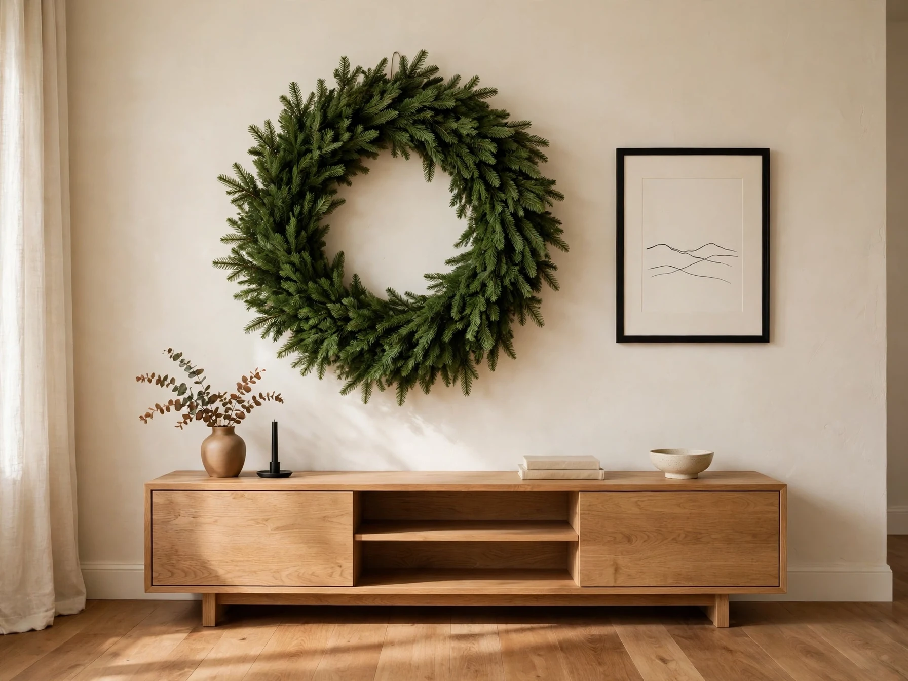 oversized evergreen wreath hung as wall art above an oak sideboard in a modern living room