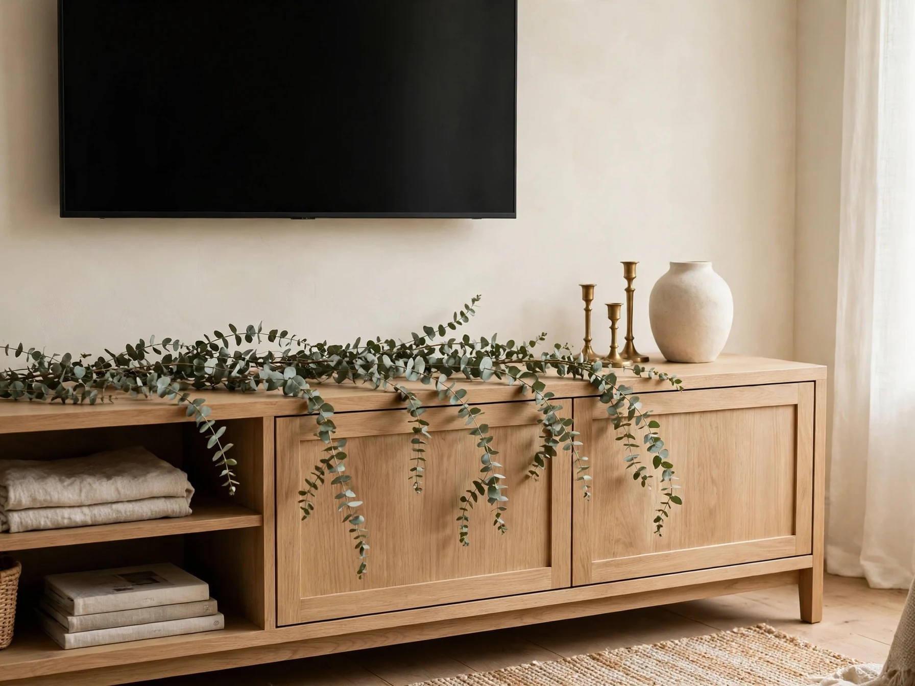 eucalyptus garland draped on a light oak media console in a modern living room