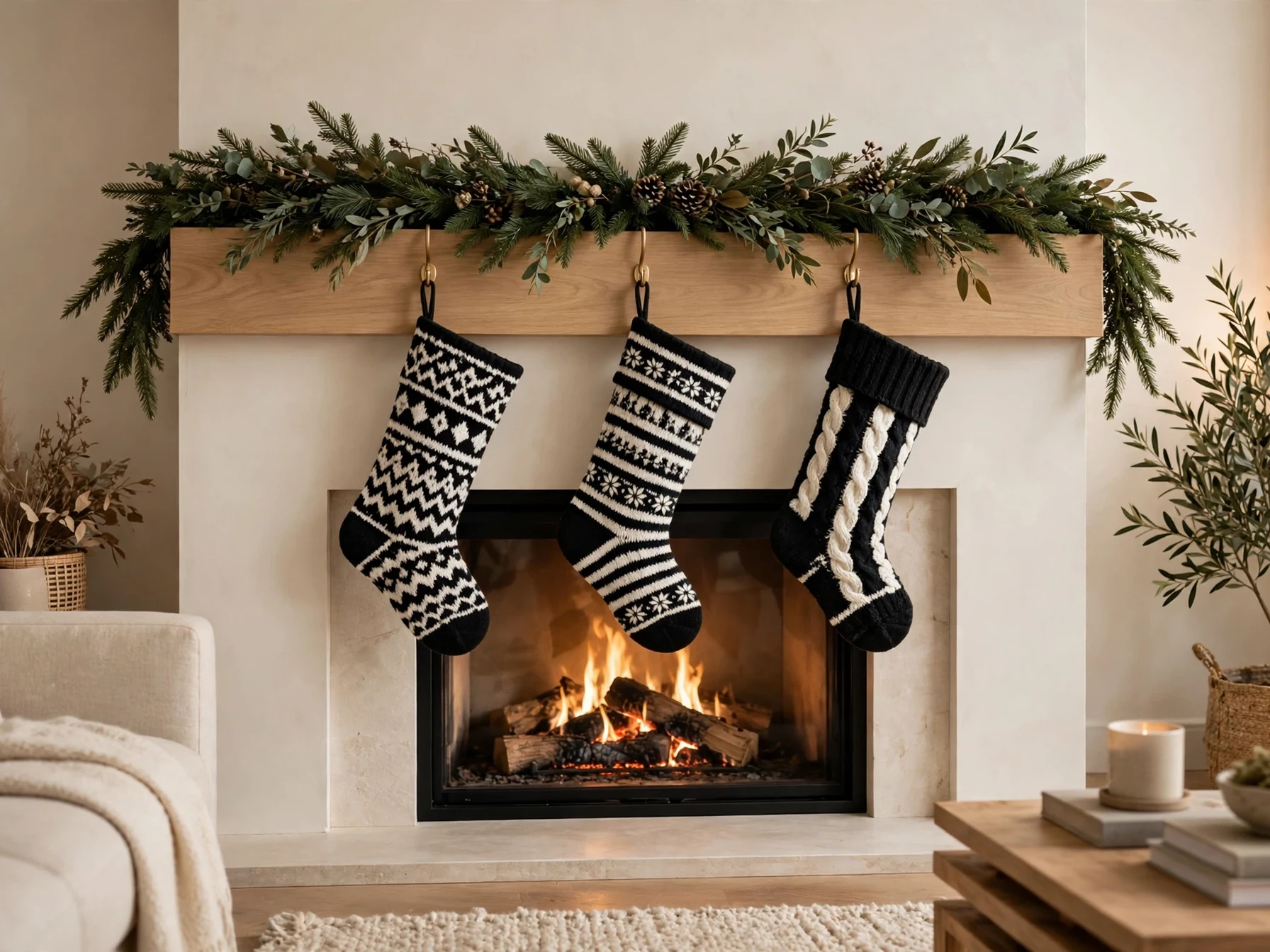 black and white knit christmas stockings hanging on a modern fireplace mantel