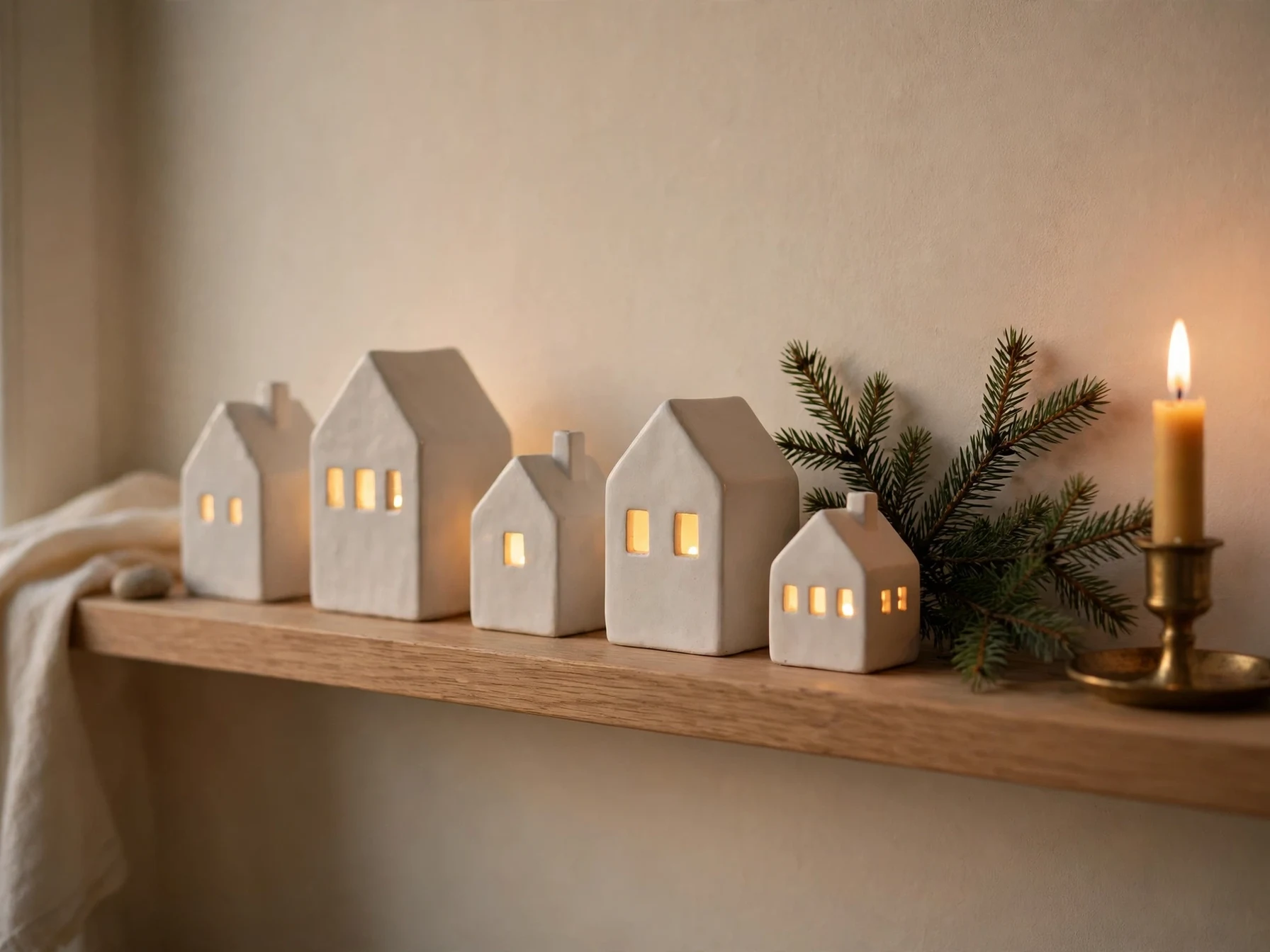 white ceramic christmas village houses glowing on a living room shelf